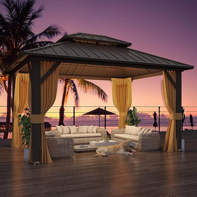 Condition photo showing As Is for yoleny 10' x 12' hardtop gazebo, metal gazebo with aluminum frame, double galvanized steel roof, curtains and netting included, pergolas for patios, garden, parties, lawns