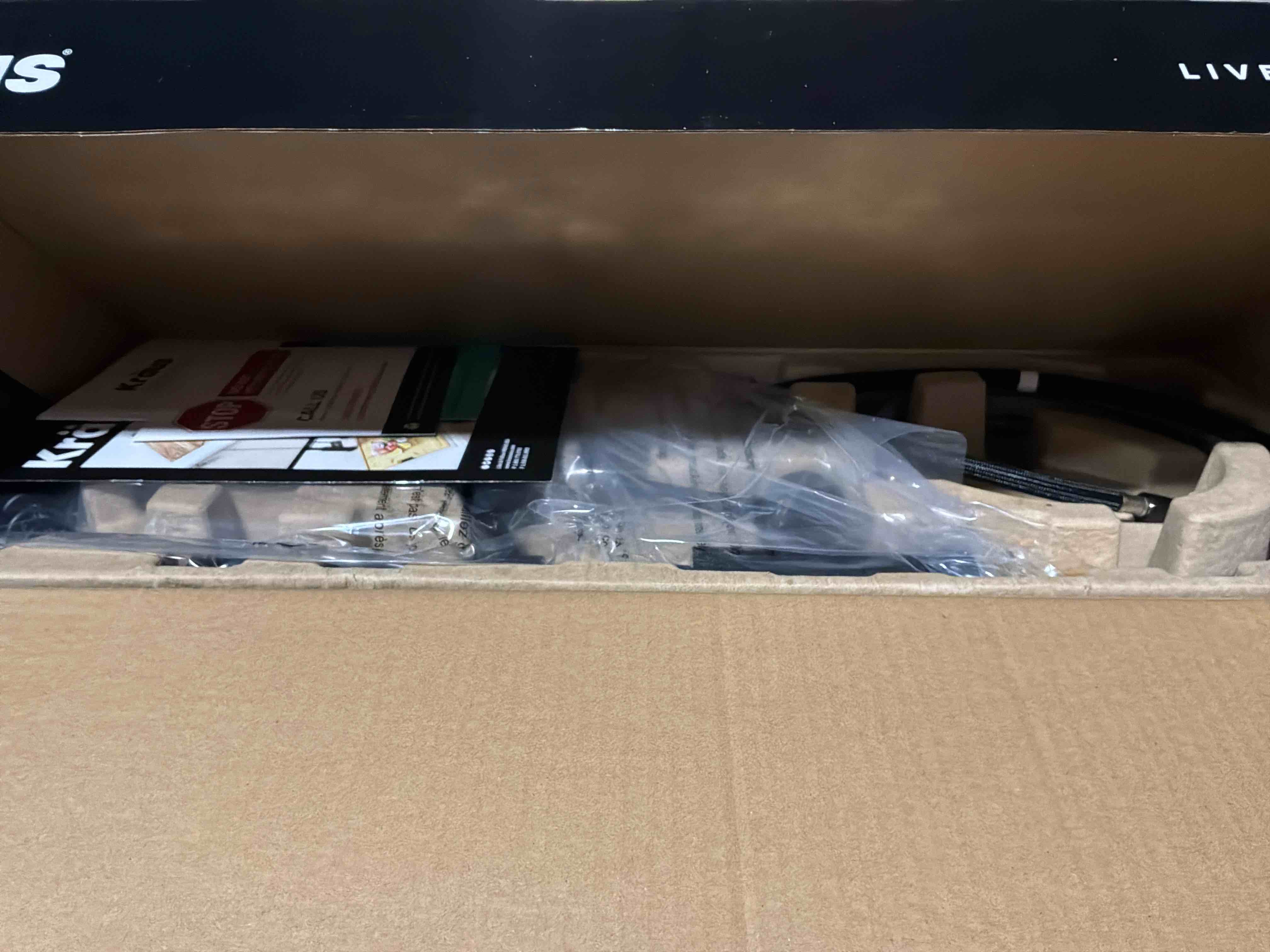 Condition photo showing New/Like New for kraus bolden commercial style 2-function single handle pull down kitchen faucet in matte black, kpf-1610mb