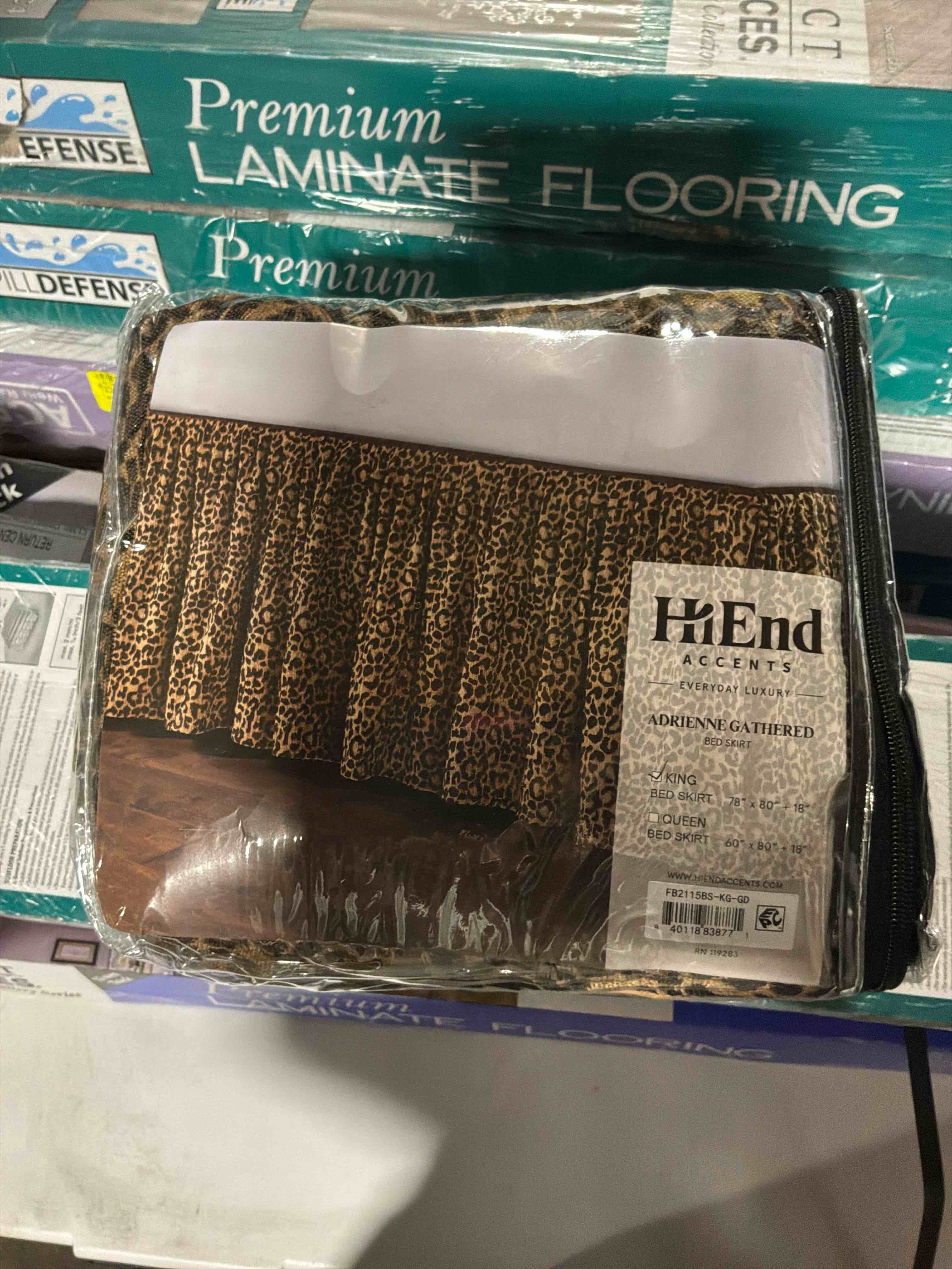 Condition photo showing New/Like New for hiend accents adrienne king size ruffled bed skirt 18” drop, gold black leopard textured chenille pattern, animal print modern rustic style bedding