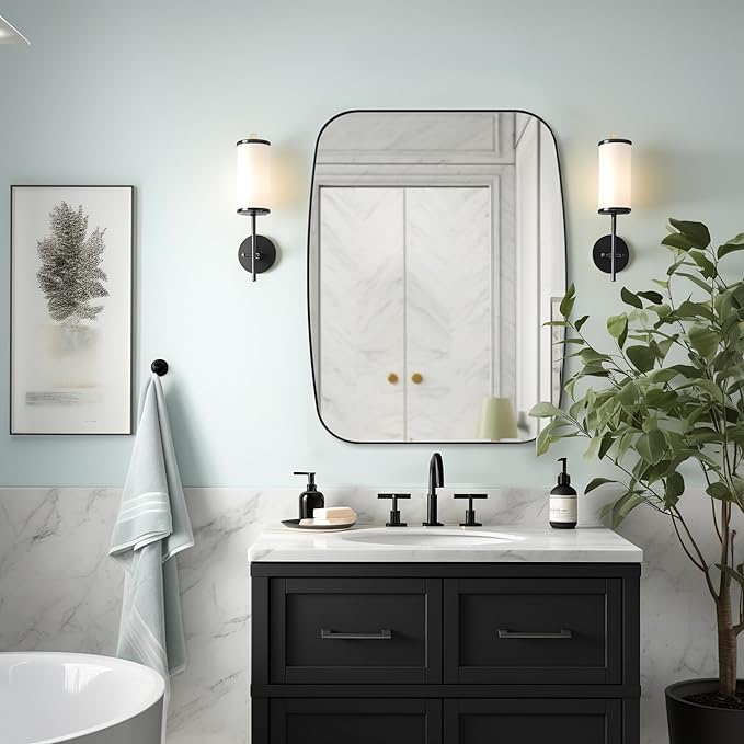 andy star black mirror for bathroom, 28x36 inch stainless steel metal frame oblong bathroom mirror for vanity, 1’’ deep wall mounted vertically/horizontal