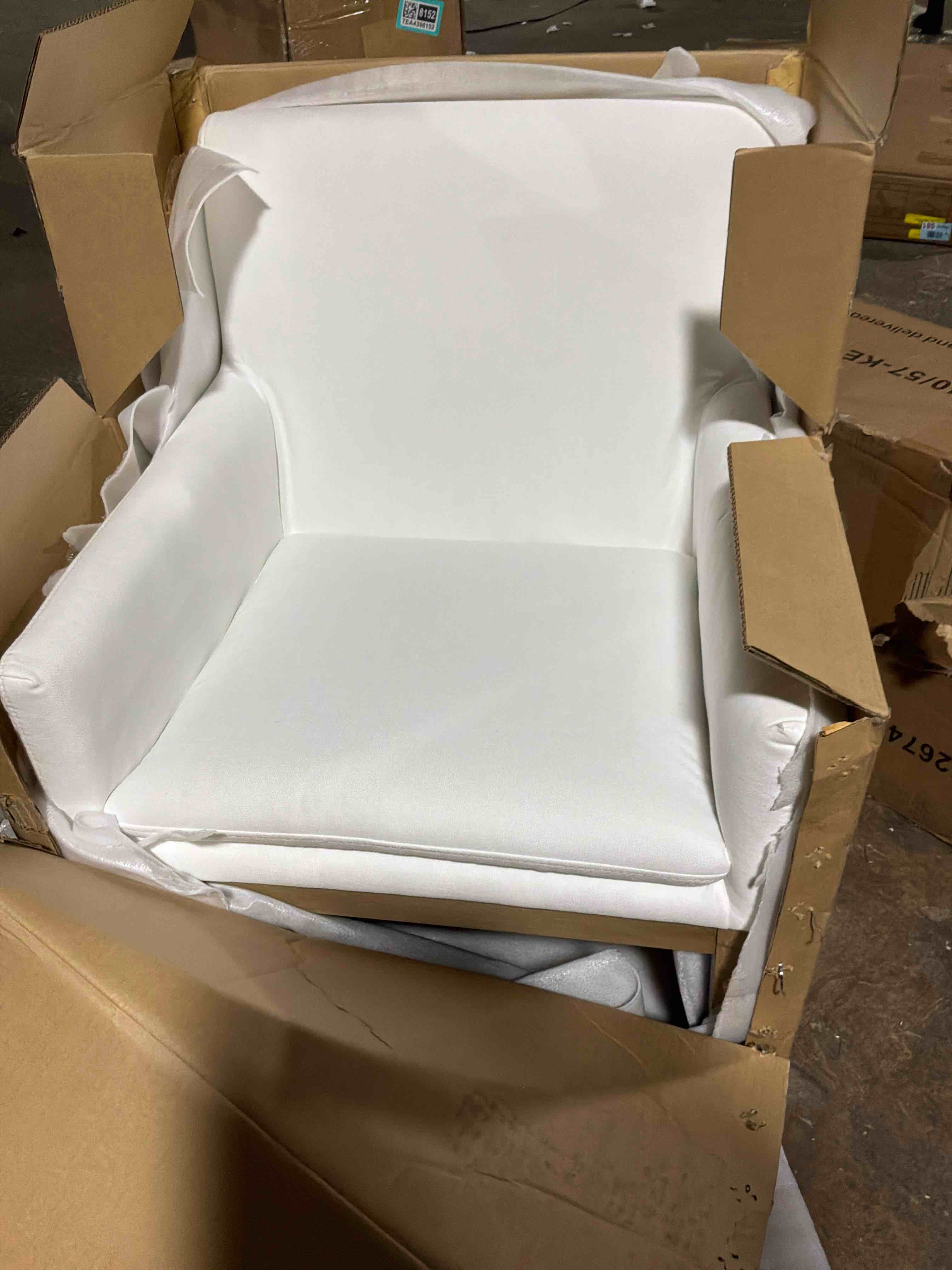 Condition photo showing New/Like New for white bouclé fabric armchair wooden legs