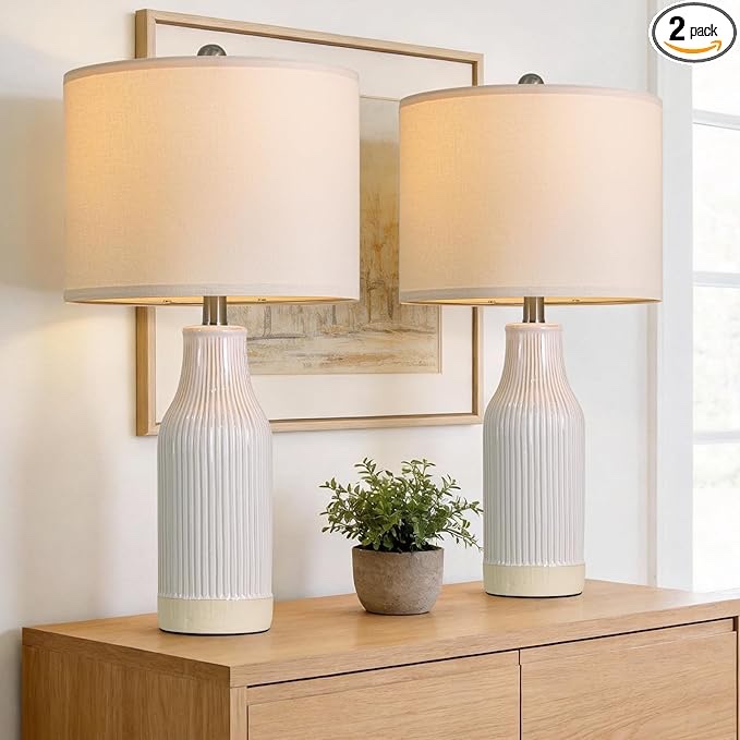23.75 inches modern ceramic table lamp set of 2 for living room, farmhouse bedside nightstand lamp for bedroom home office dorm