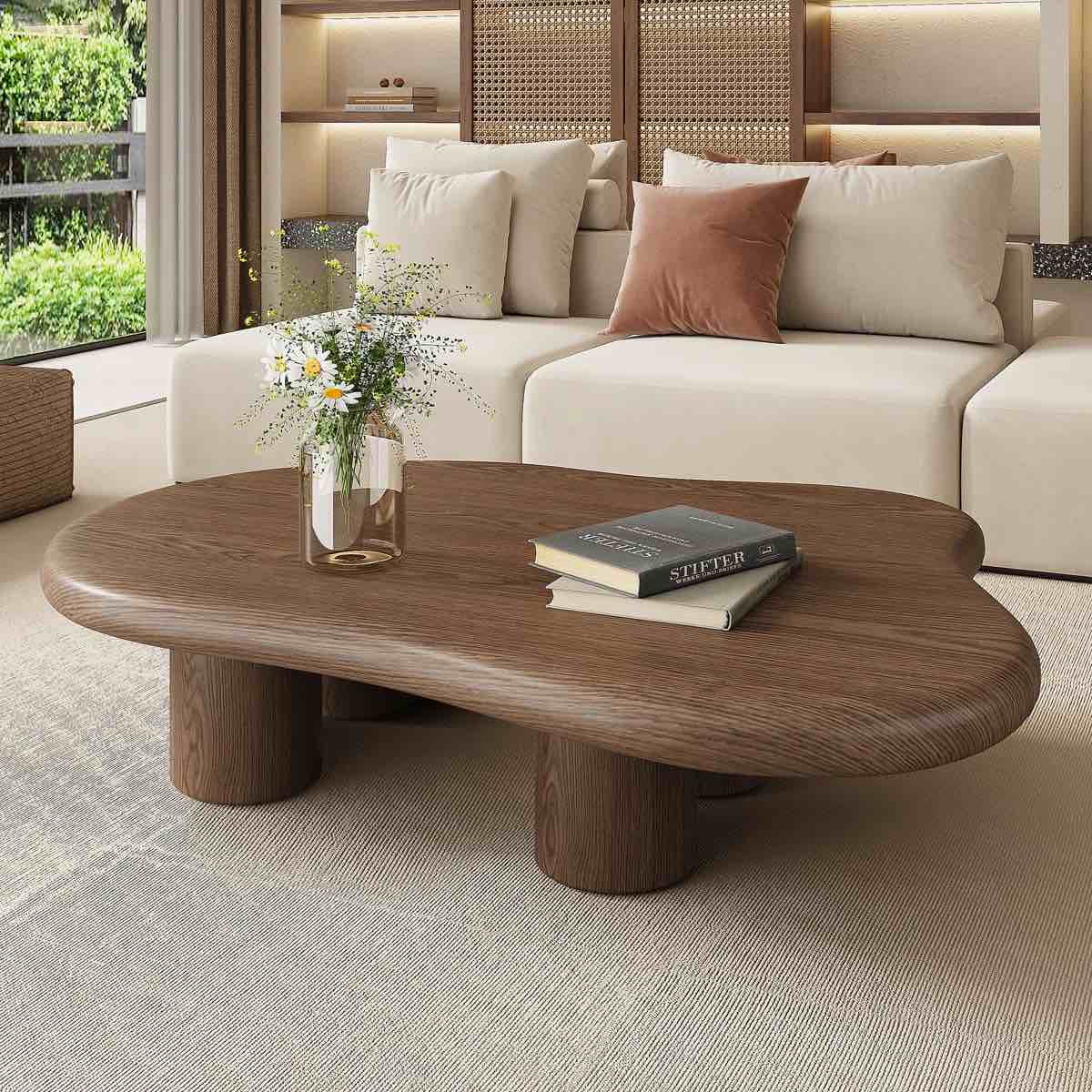 48.5" rustic cloud shape coffee table with 4 legs, vintage walnut veneer finish, wood coffee table for living room