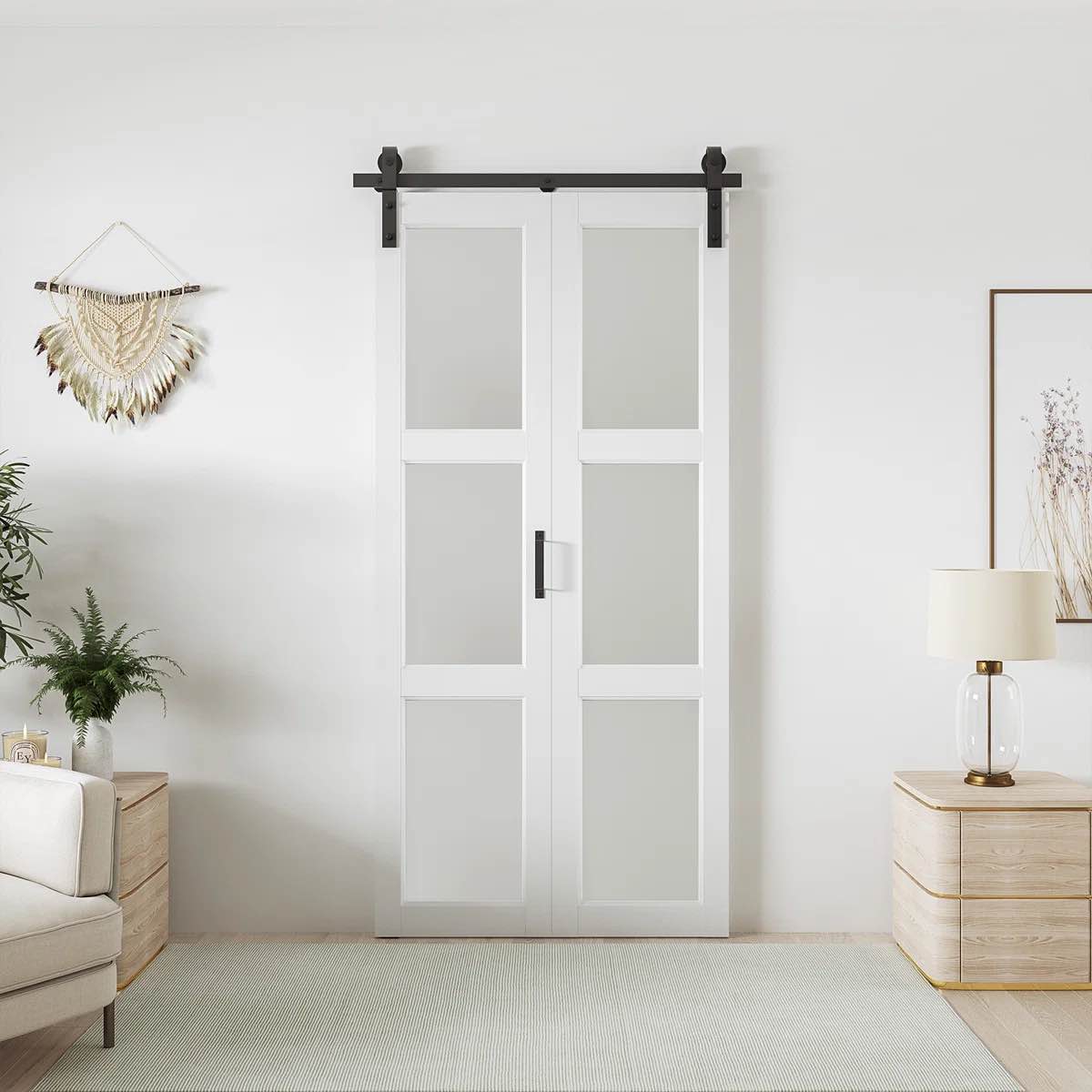 3-lite 84" manufactured wood and glass paneled bifold barn door with installation hardware