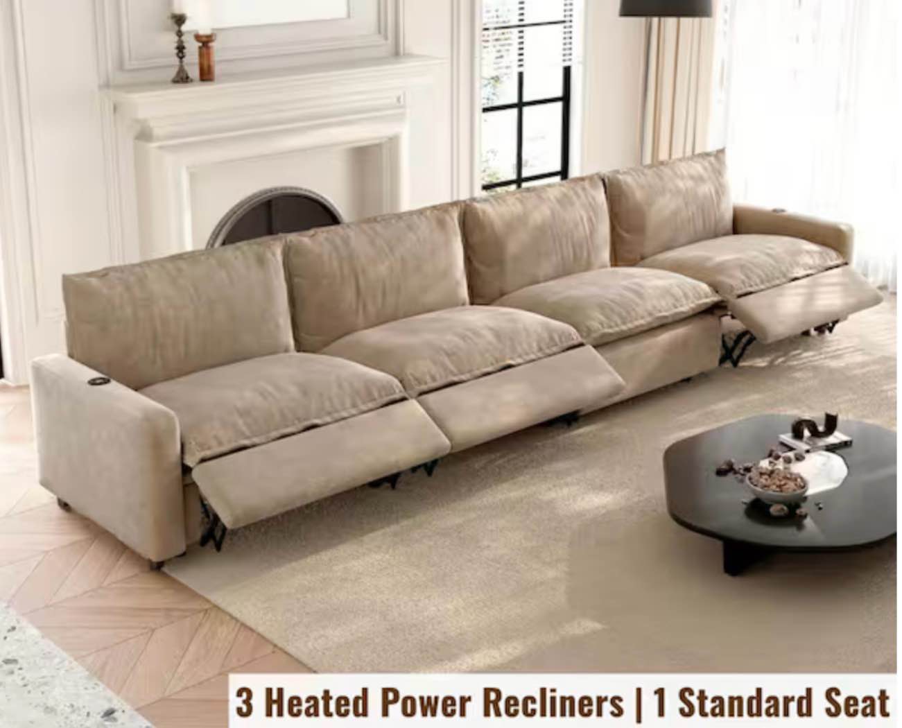 149 in. Modular Recliner Sectional Sofa, Square Arm 4-Piece Linen with Extra Wide Cushions, Heat, USB Port in Khaki