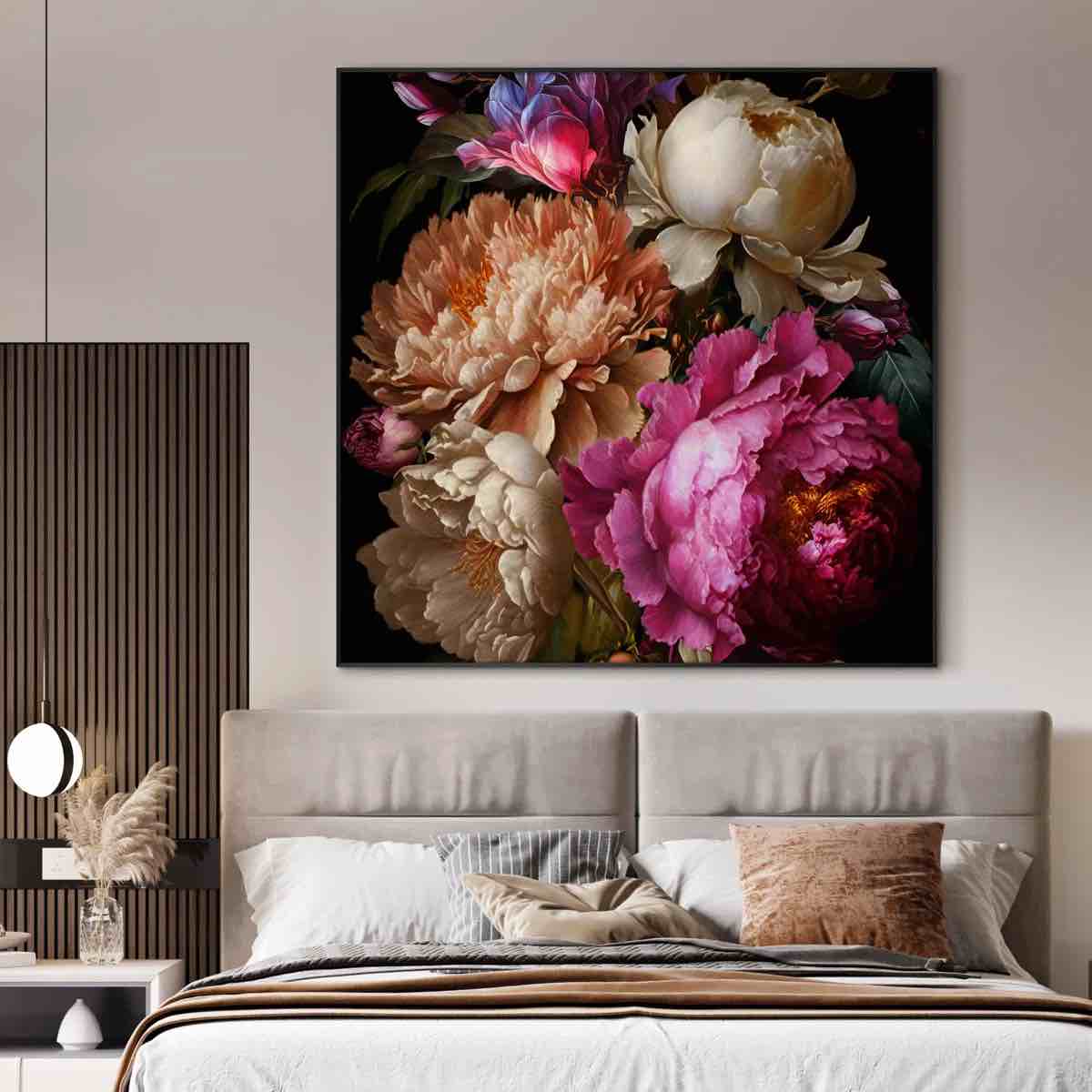 extra large wall art fabric print - floral arrangement vibrant peonies and magnolias artwork decor for living room or bedroom - "frame assembly required (unfinished frame)"