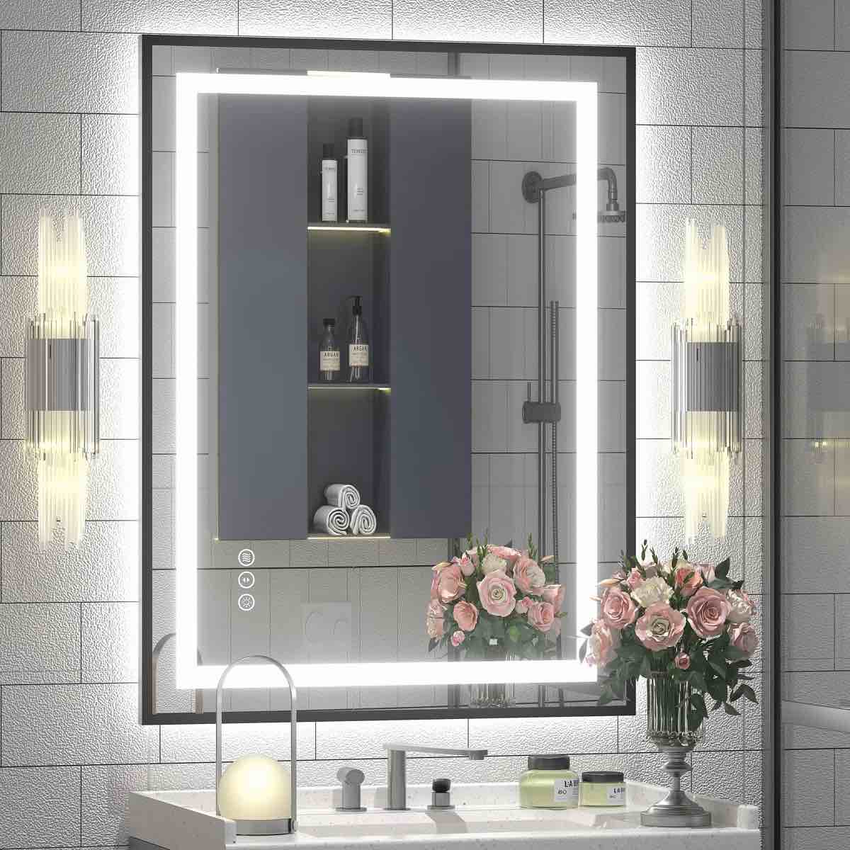 aevar ul certified front & back led anti-fog tempered glass framed bathroom/vanity mirror with 3-year warranty