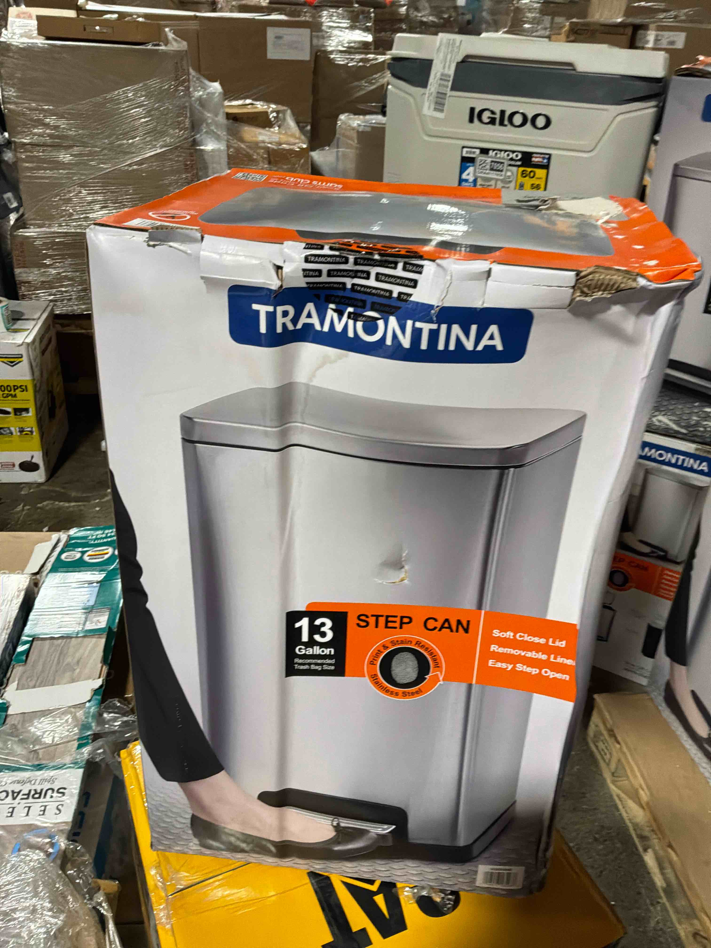 Condition photo showing New/Like New for tramontina 13 gal step trash can stainless steel