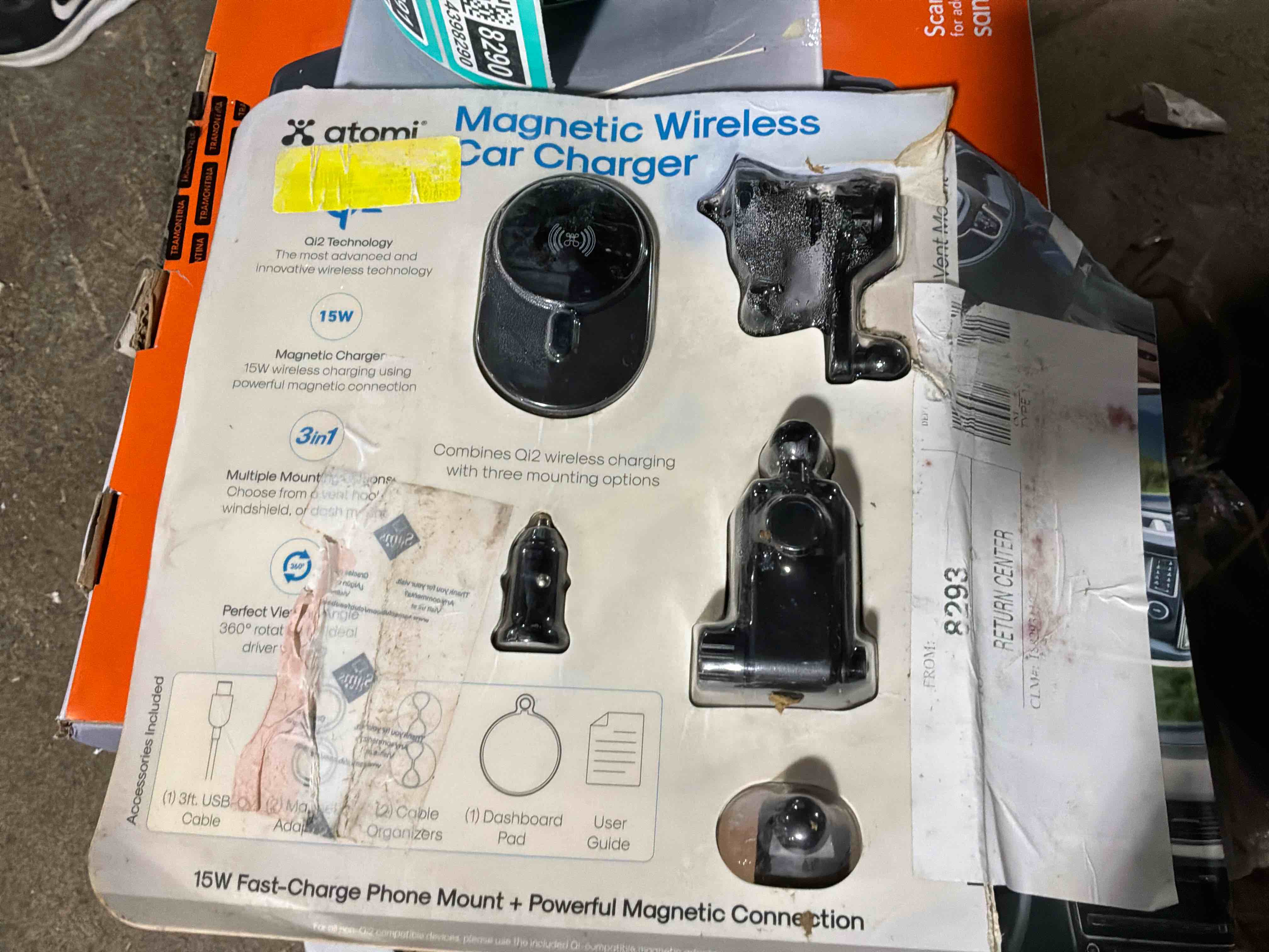 Condition photo showing As Is for atomi qi2 wireless car charging kit, three mounting options