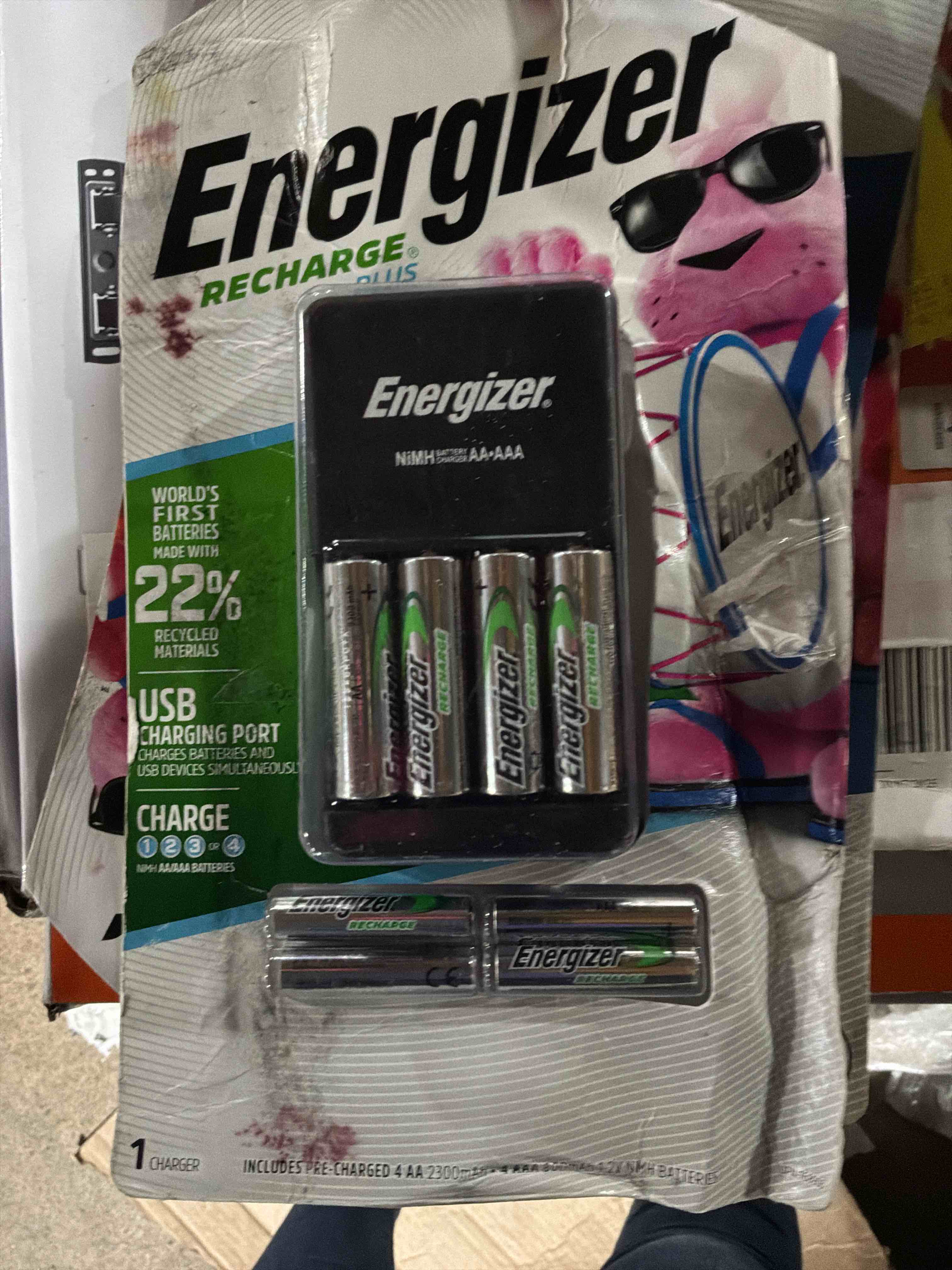 Condition photo showing Good Condition for energizer recharge plus usb charging port including 4 pre-charged aa and aaa batteries