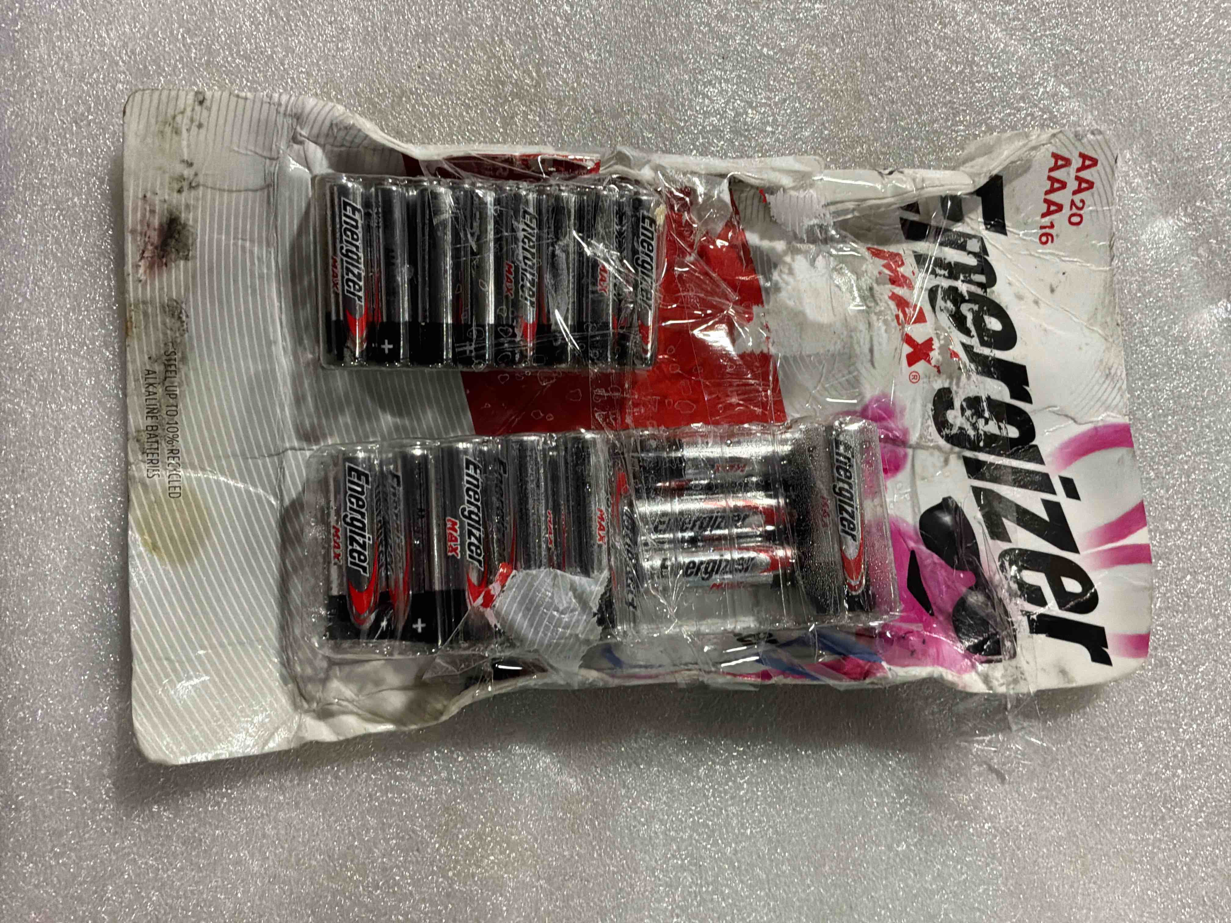Condition photo showing As Is for energizer max alkaline 20 aa + 16 aaa batteries combo pack