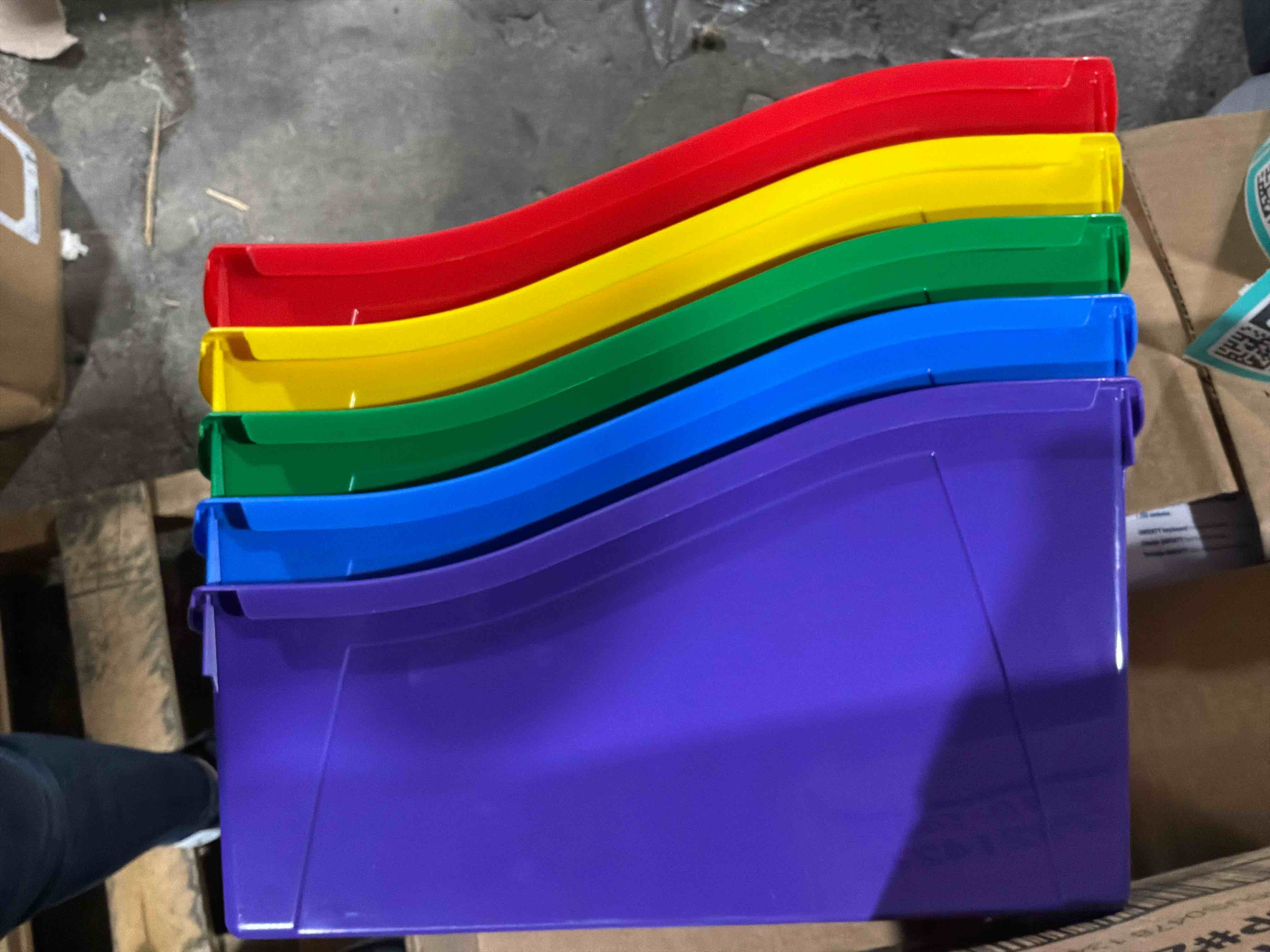 Condition photo showing Good Condition for storex large plastic book and magazine bin assorted colors set of 5