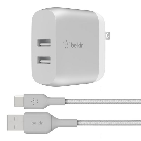 belkin dual usb wall charger (24w) + 8-pin cable for iphone - white