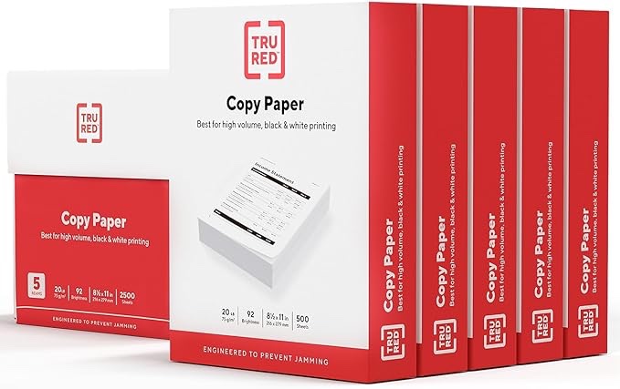 box of tru red printer paper, 8.5" x 11"., white