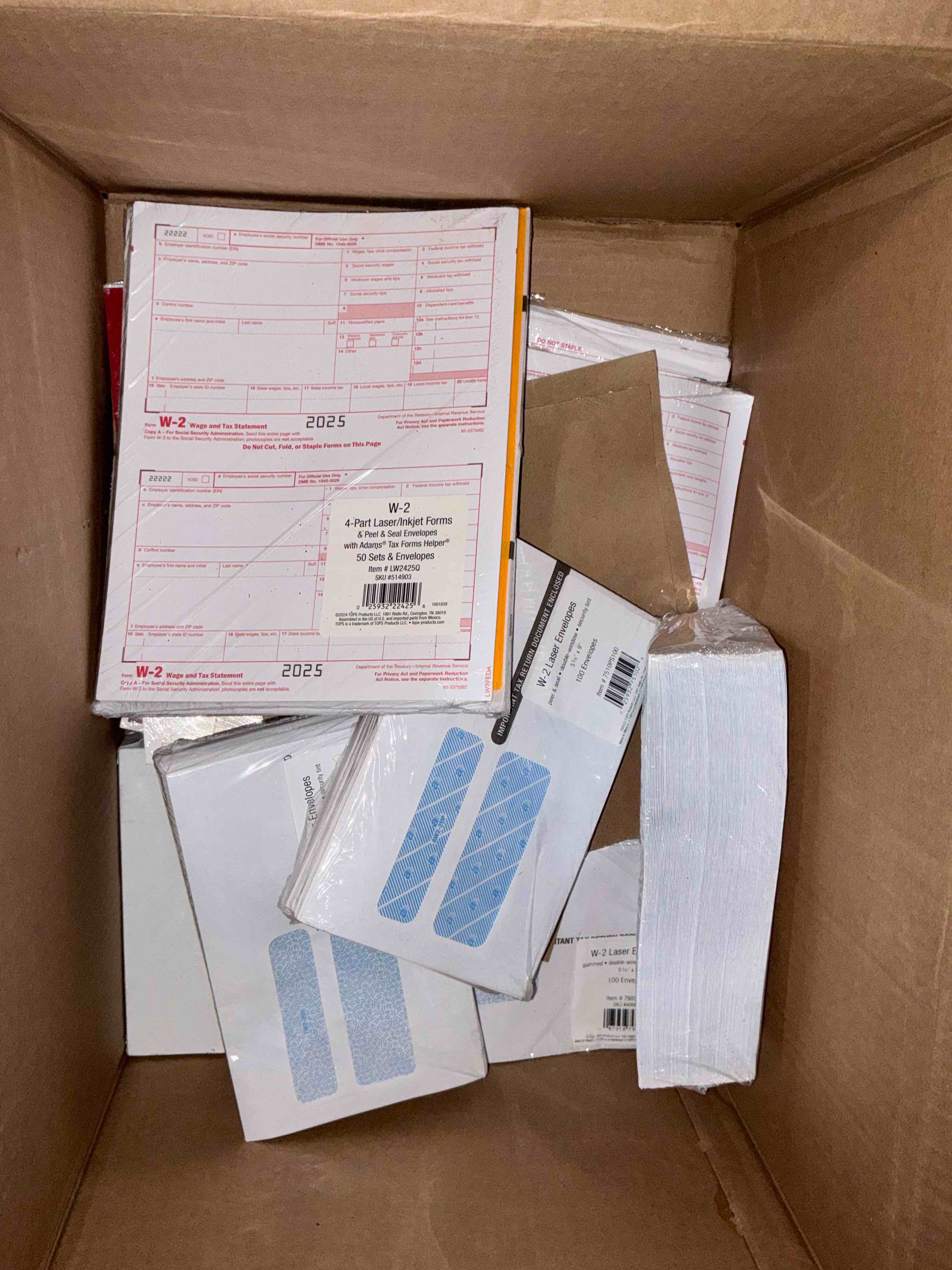 Assorted Box of W-2 Copy A, 1099-Nec Tax, W2 laser envelopes