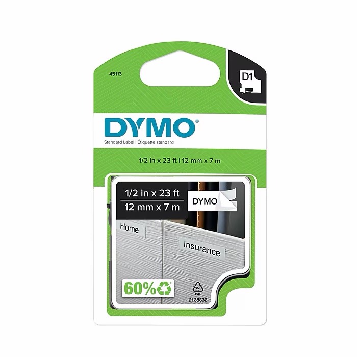 Pack of 6 DYMO 1/2" D1 Label Maker Tape, Black on White