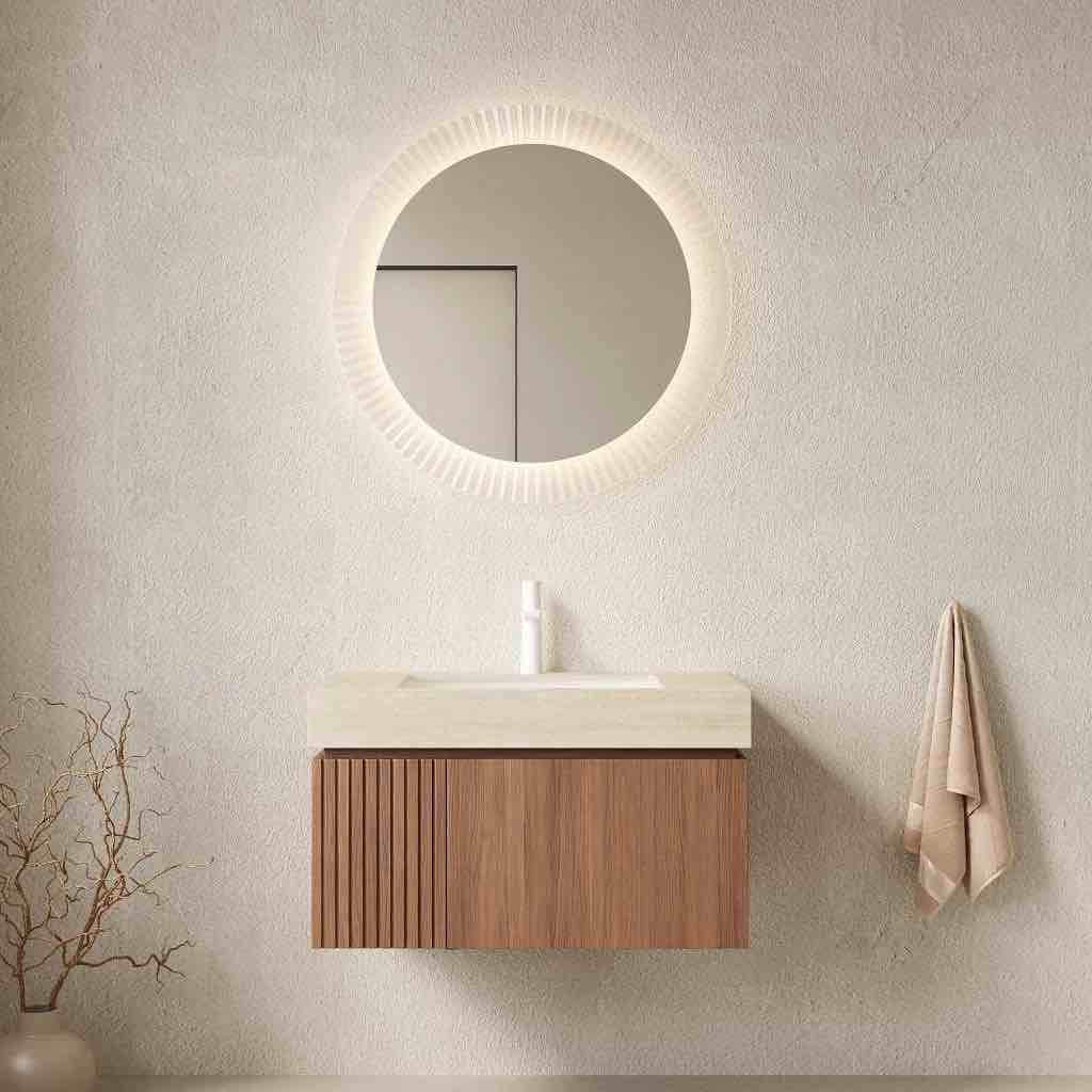 valenza modern bathroom vanity with travertine-pattern sintered stone countertop and ceramic basin