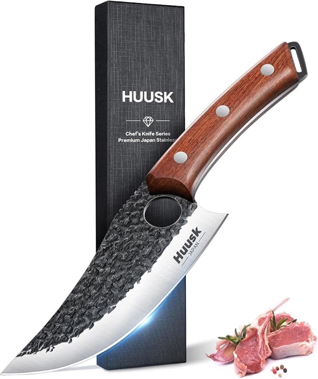 Huusk Viking Knife, Japanese Butcher Knife for Meat Cutting, Hand Forged Boning Knives with Ergonomic Wood Handle, High Carbon Steel Japanese Chef Knives for Camping, BBQ, Men's Christmas Gifts