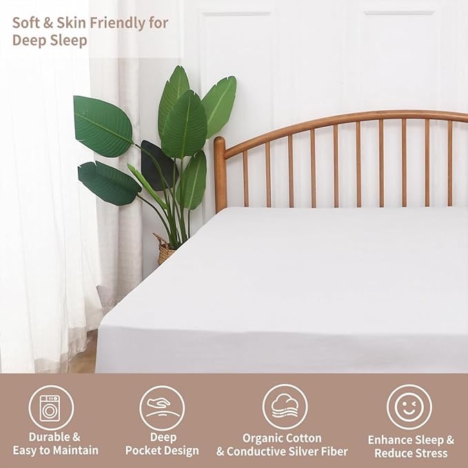 Organic Grounding Sheet King Deep Pocket Grounding Fitted Sheet, Earthing Grounding Sheets for Better Sleep Anti-Static Bed Sheet Grounding Bedsheet for Wellness (White, King)