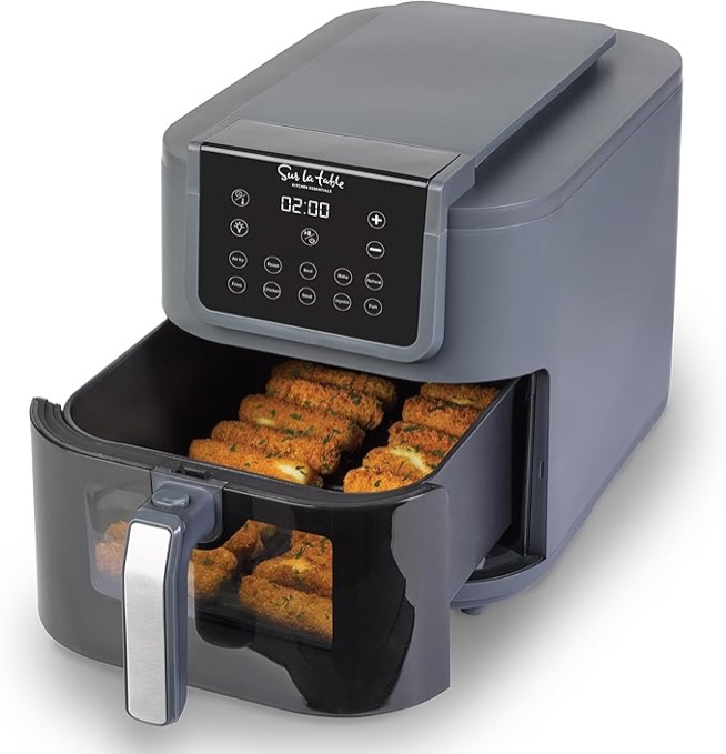 sur la table kitchen essentials 5-in-1 compact 8-quart basket air fryer with window for easy viewing, digital touchscreen display with 10-presets, air fry, bake, broil and reheat in minutes,