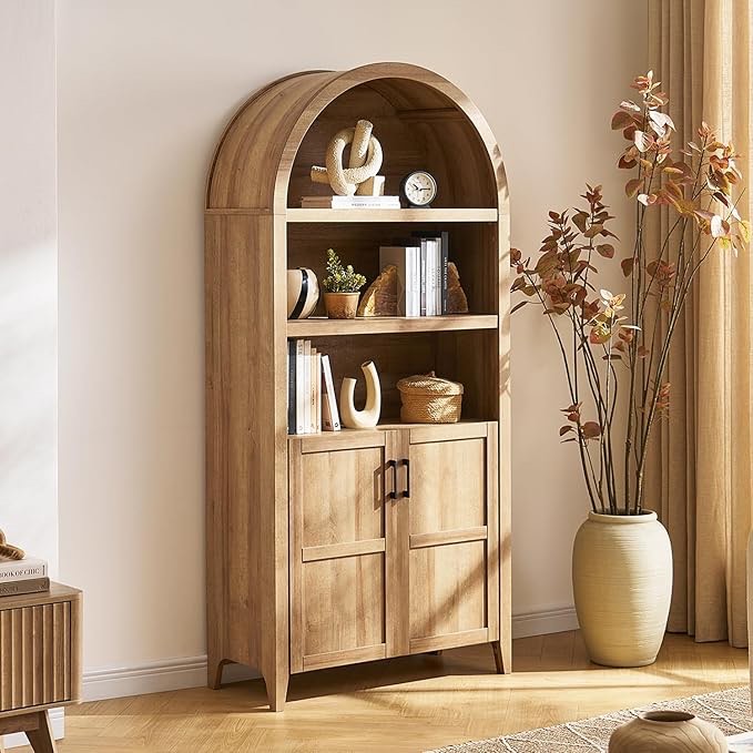 mopio lauren 77.4" tall arched cabinet, the original 5-tier bookcase with doors and adjustable shelves, arch bookshelf with storage, wooden storage cabinet for living room and kitchen pantry (oak