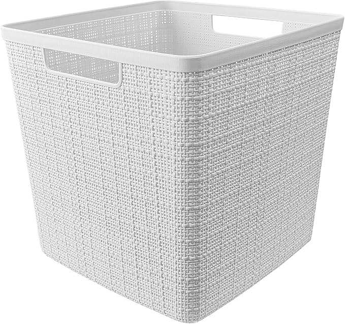 curver set of 4 large cube 17l jute decorative plastic organization and storage baskets - perfect bins for home office, closet shelves, kitchen pantry and all bedroom essentials, white