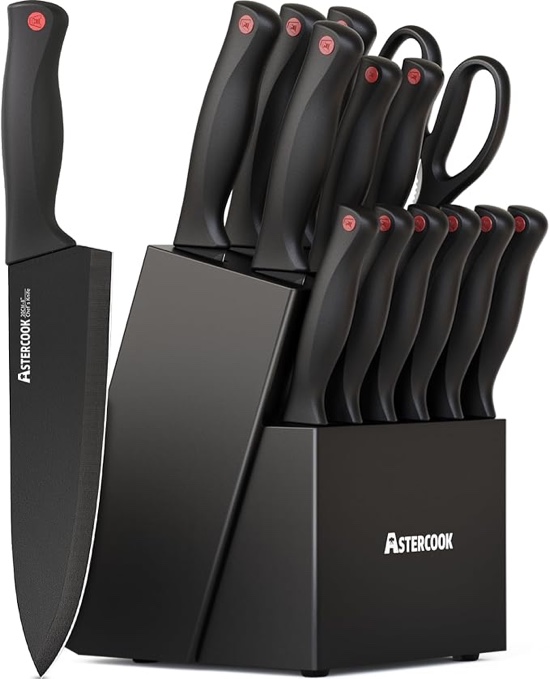 knife set, astercook 15 pieces knife sets for kitchen with block, dishwasher safe kitchen knife set with built in sharpener block, german stainless steel knife block set, valentine's gift