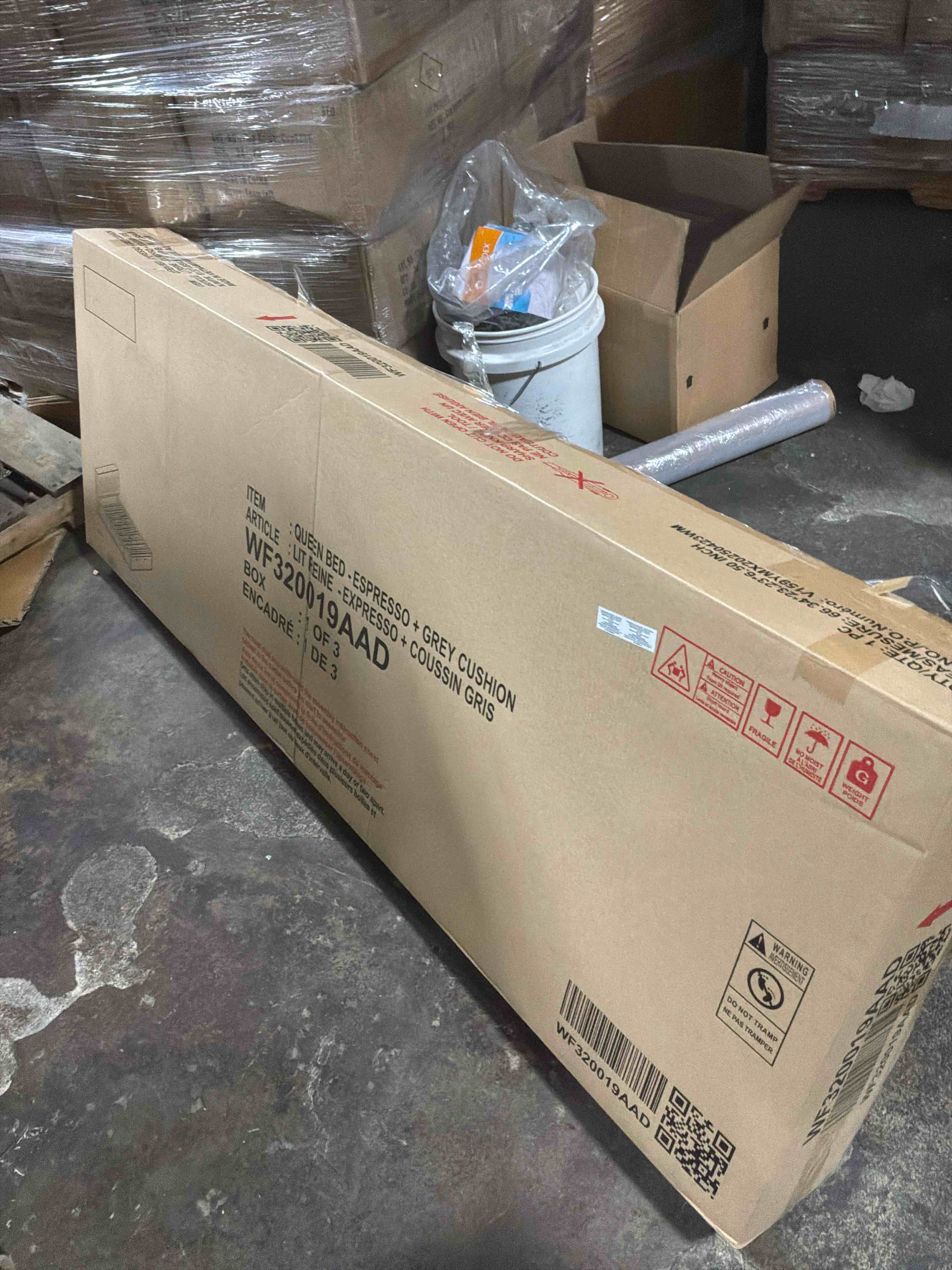 Condition photo showing New/Like New for Vinsetto Wood Queen Size Platform Bed with Storage Headboard, Shoe Rack, and 4 Drawers, 90.5" L x 63" W x 43" H, Gray