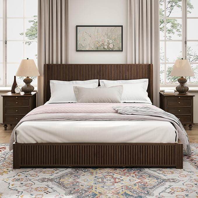 ball & cast fluted king bed frame with wingback headboard,solid wood platform bed frame king size with wood slats, no box spring needed, easy assembly,walnut