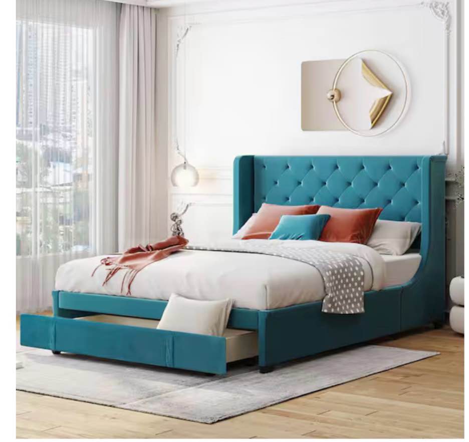 Condition photo showing Good Condition for 65 in.W Blue Size Bed Frame with Storage Drawers, Velvet Upholstered Platform Bed with Wingback Headboard