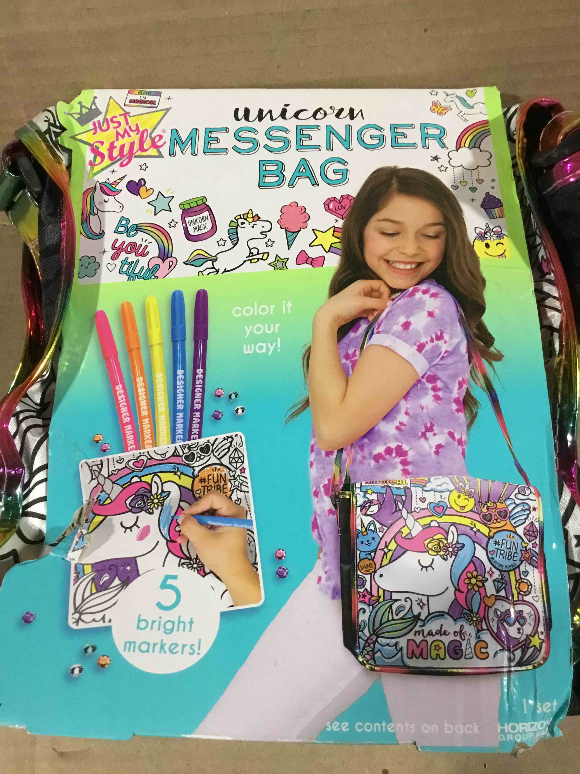 Condition photo showing New/Like New for Just My Style Color Your Own Unicorn Personalized Doodle Messenger Bag with Adjustable Strap Great f