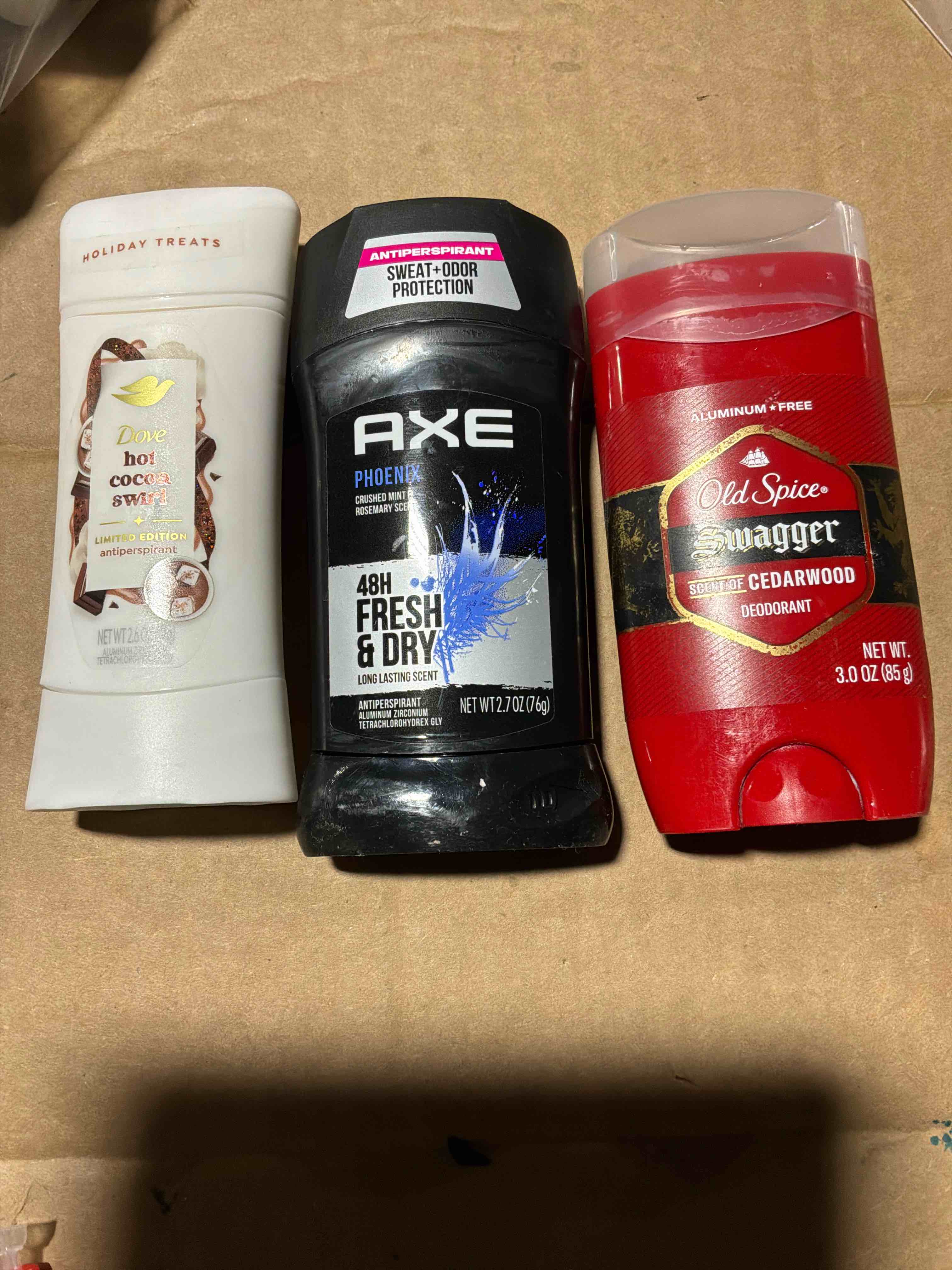 axe dry anti-perspirant deodorant phoenix 2.70 oz,and old spice swagger ,dove hot cocoa swirl