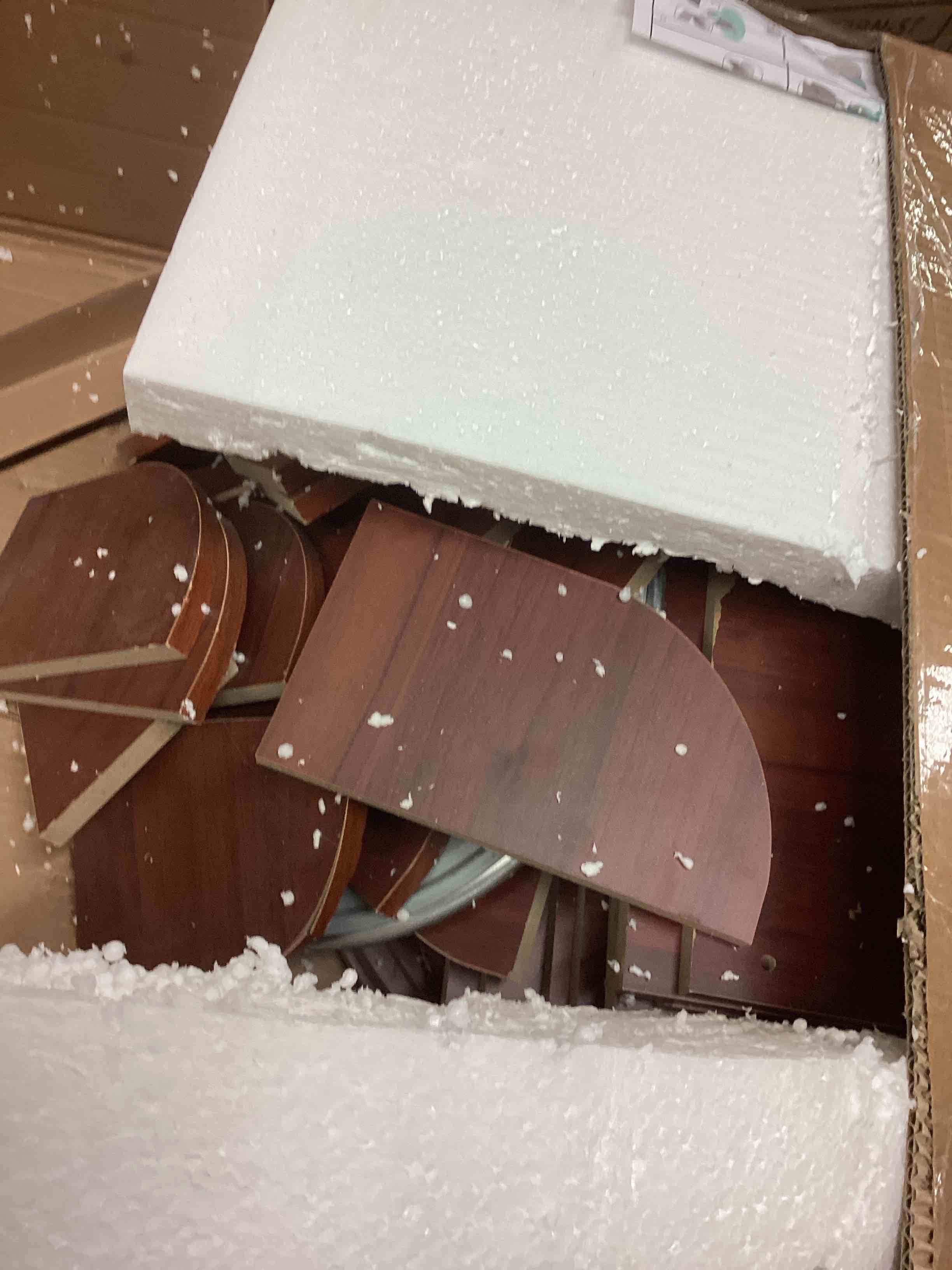 Condition photo showing As Is for 5 tier rotating bookshelf tower with 360° spin, space-saving corner display, modern mdf storage unit - walnut