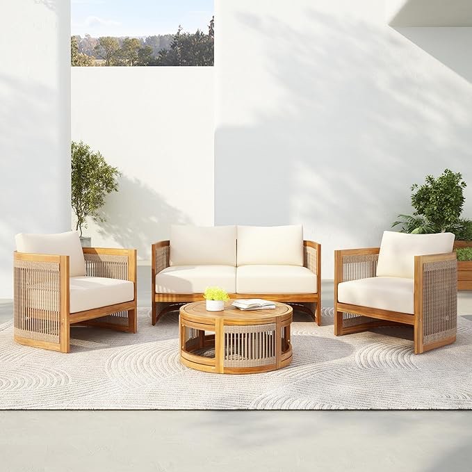 merax 4-piece patio premium acacia wood outdoor furniture set,all weather curved tub design with woven rope accents loveseat chairs and table for backyard, balcony and deck,teak+ beige 3-boxes