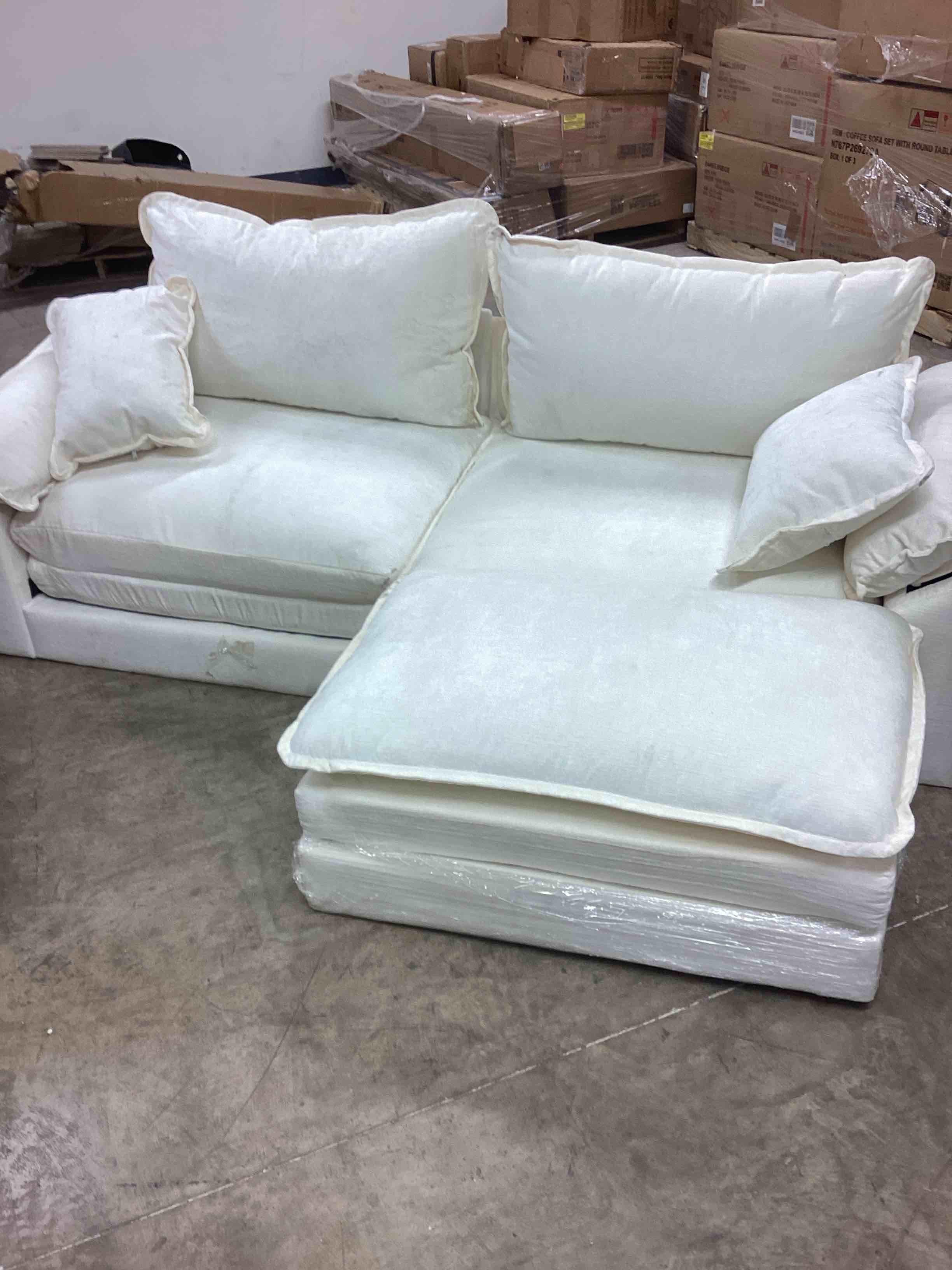 Condition photo showing As Is for sofa with ottoman: 83" modern l shaped sectionals cloud couch, comfy couch loveseat, 3 seat chenille deep seat sofa with pillow for living room,bedroom apartment,small spaces-beige