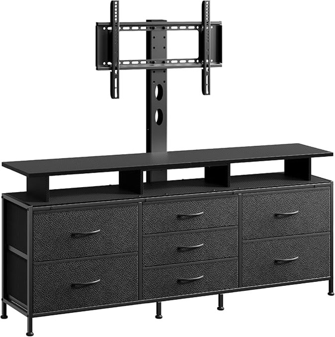 reahome tv stand with mount, 63" entertainment center for 32/45/55/60/65/70 inch tvs, media console table with 7 drawers, height adjustable mount, dresser tv stand for living room, carbon fiber black