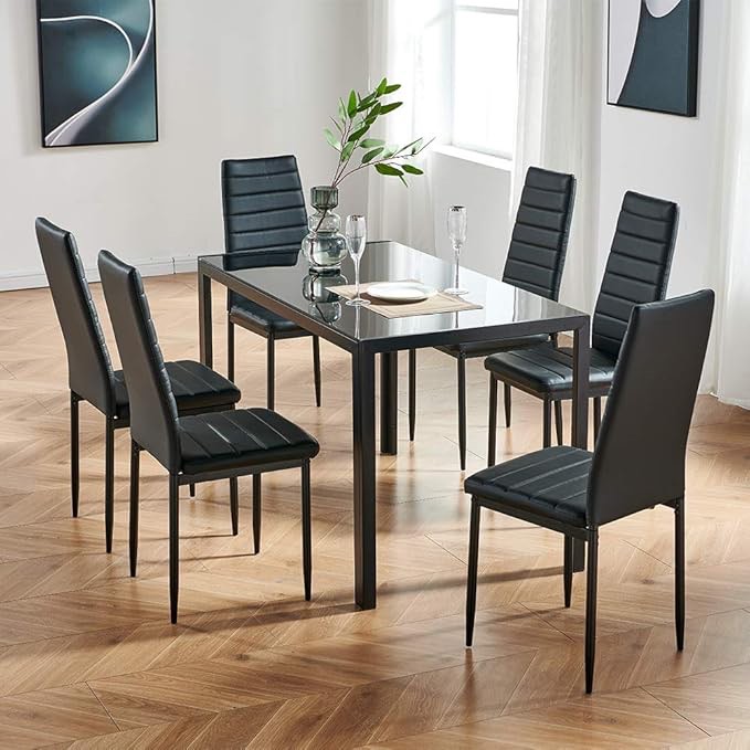 Condition photo showing As Is for ids online 7 pieces modern glass dining table set faxu leather with 6 chairs black.