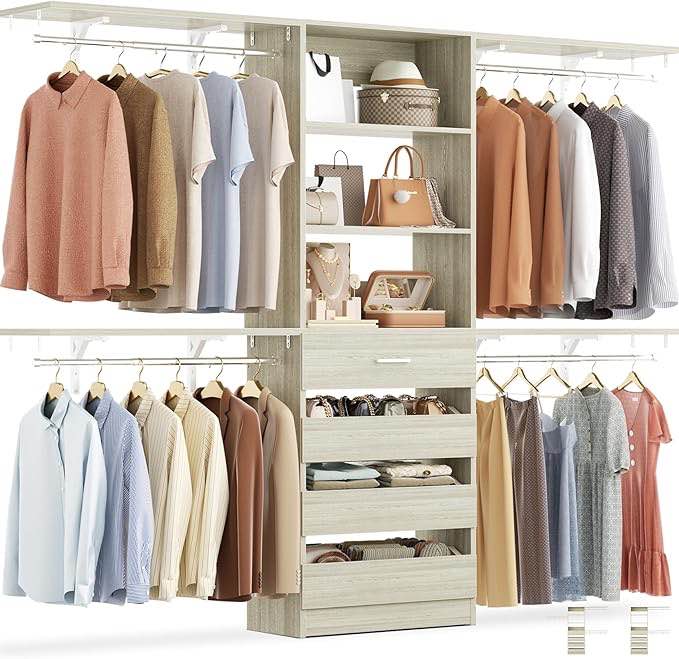 aheaplus closet system with 4 drawers, 8ft wood closet organizer system, 96’’ closet built in system tower with shelves, walk-in closet wardrobe clothes garment rack, fits spaces 4-9 ft, white oak