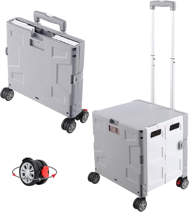 Folding Utility Cart Portable Rolling Crate Handcart with Durable Heavy Duty Plastic Telescoping Handle Collapsible Hidden Lid 4Rotate Wheels for Travel Shop Move Office Teacher