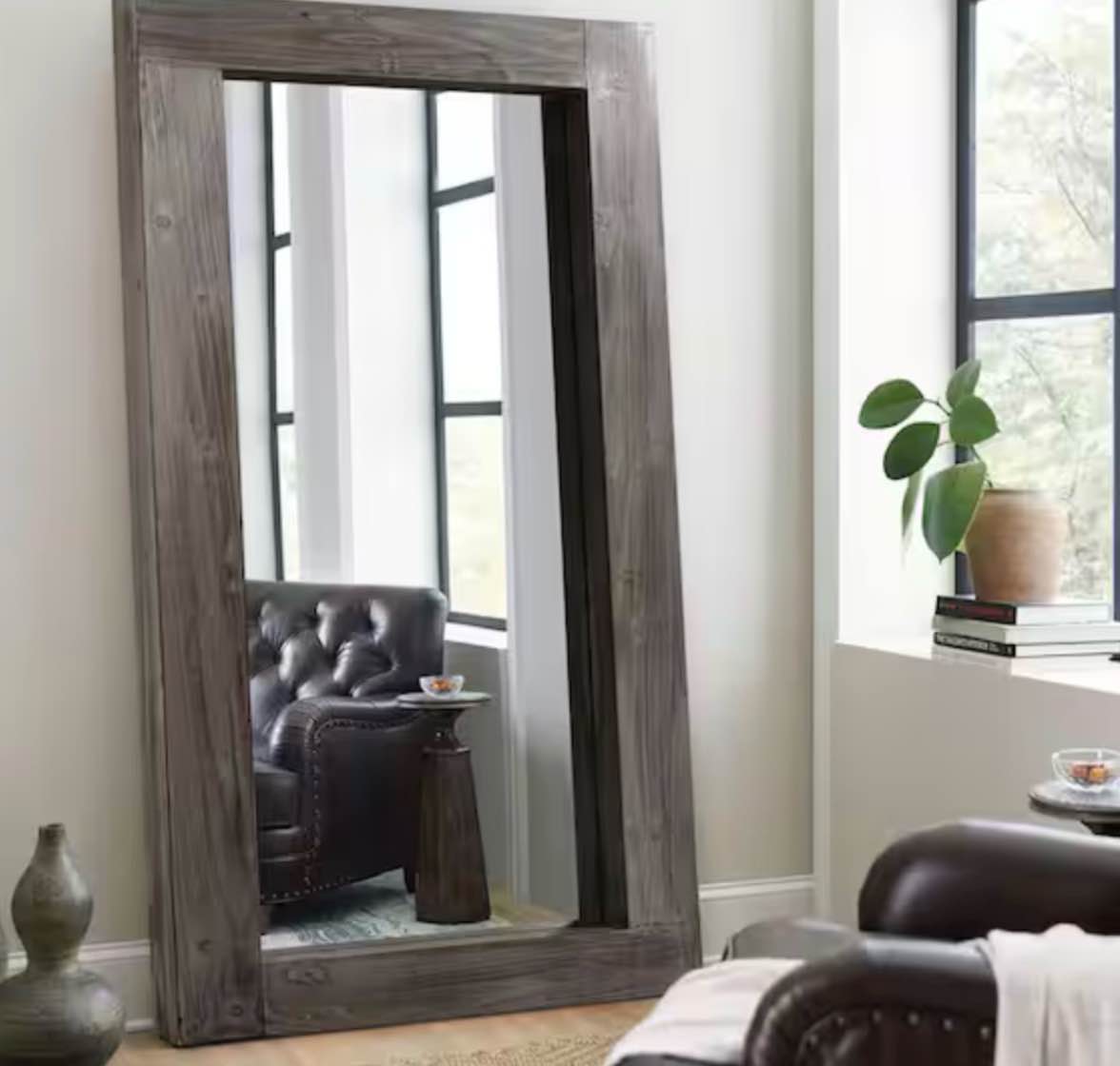 71 in. h x 32 in. w rustic rectangle framed charcoal color floor leaning mirror