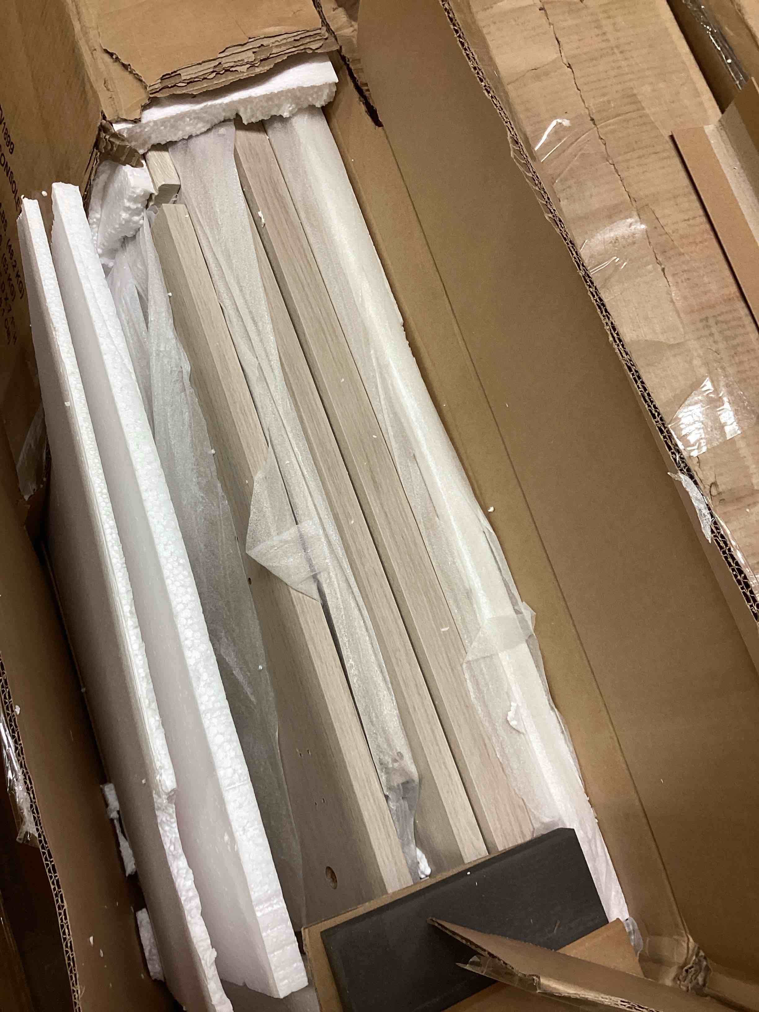 Condition photo showing As Is for hanson rectangular fluted tv stand for tv's up to 65" in alder white