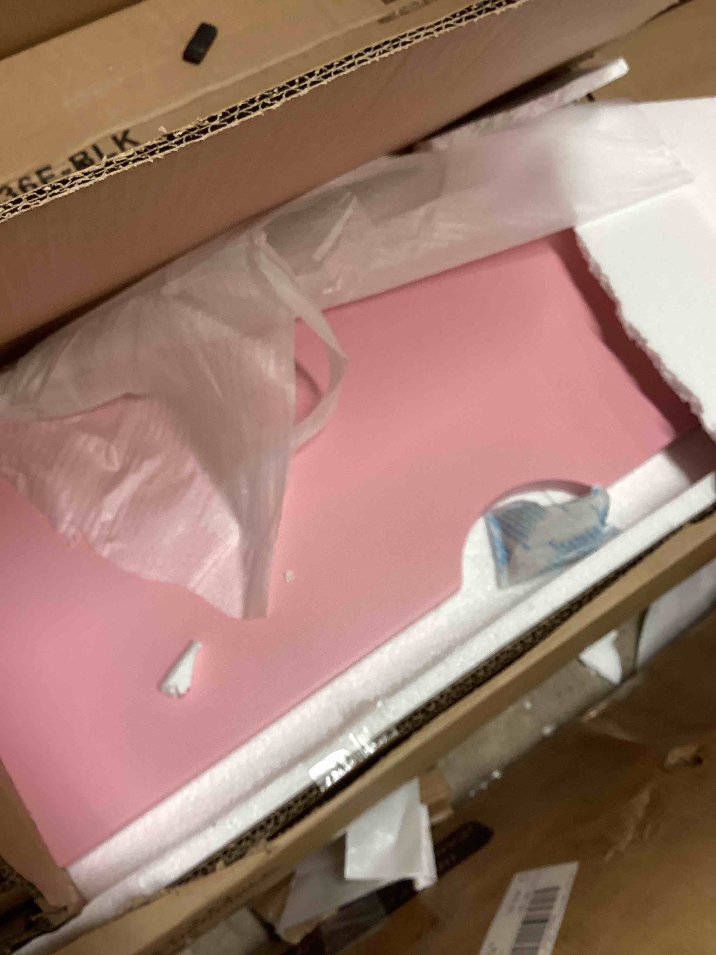 Condition photo showing As Is for merax full size low loft bed with built-in desk,storage cabinets and open bookcase,whiteboard for graffiti,pink