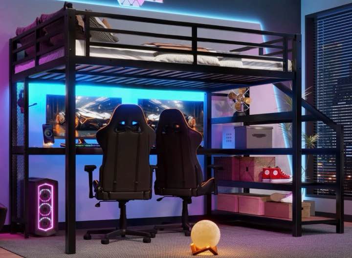 full loft bed with desk and storage stairs, metal loft beds with led lights, usb ports