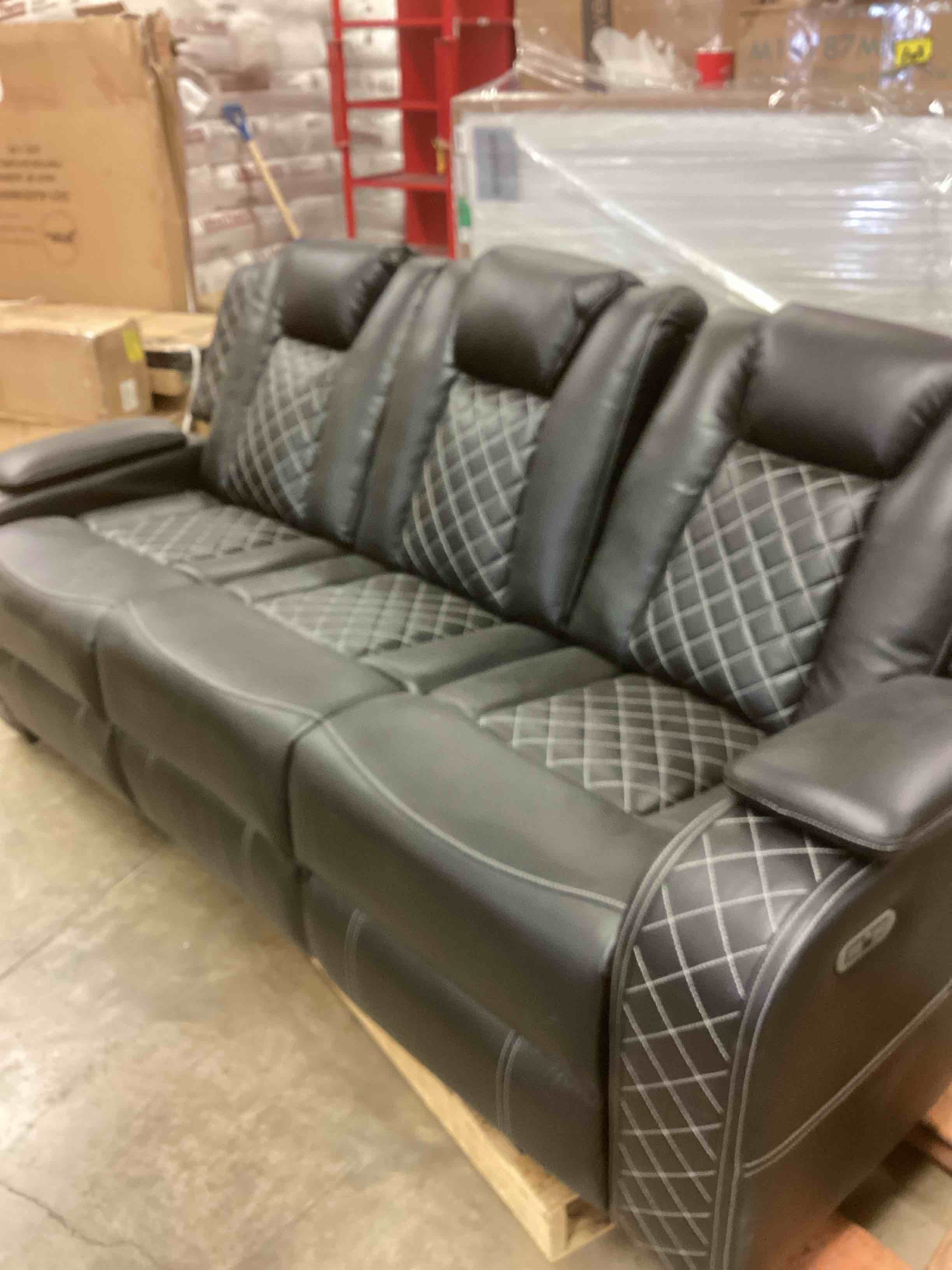 Condition photo showing Good Condition for 84.25 in. theater style 2-piece faux leather reclining adjustable headrest sectional sofa in black sofa and chair