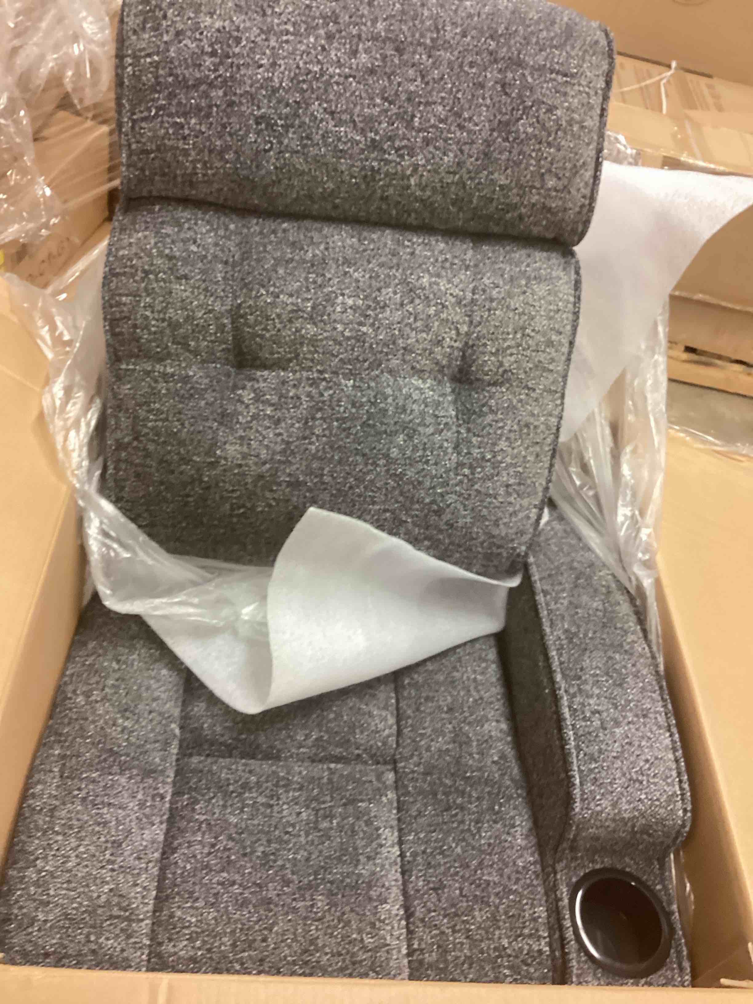 Condition photo showing Good Condition for fabric upholstered recliner loveseat with console and cup holders, gray (incomplete one box only) (model different from stock photo)