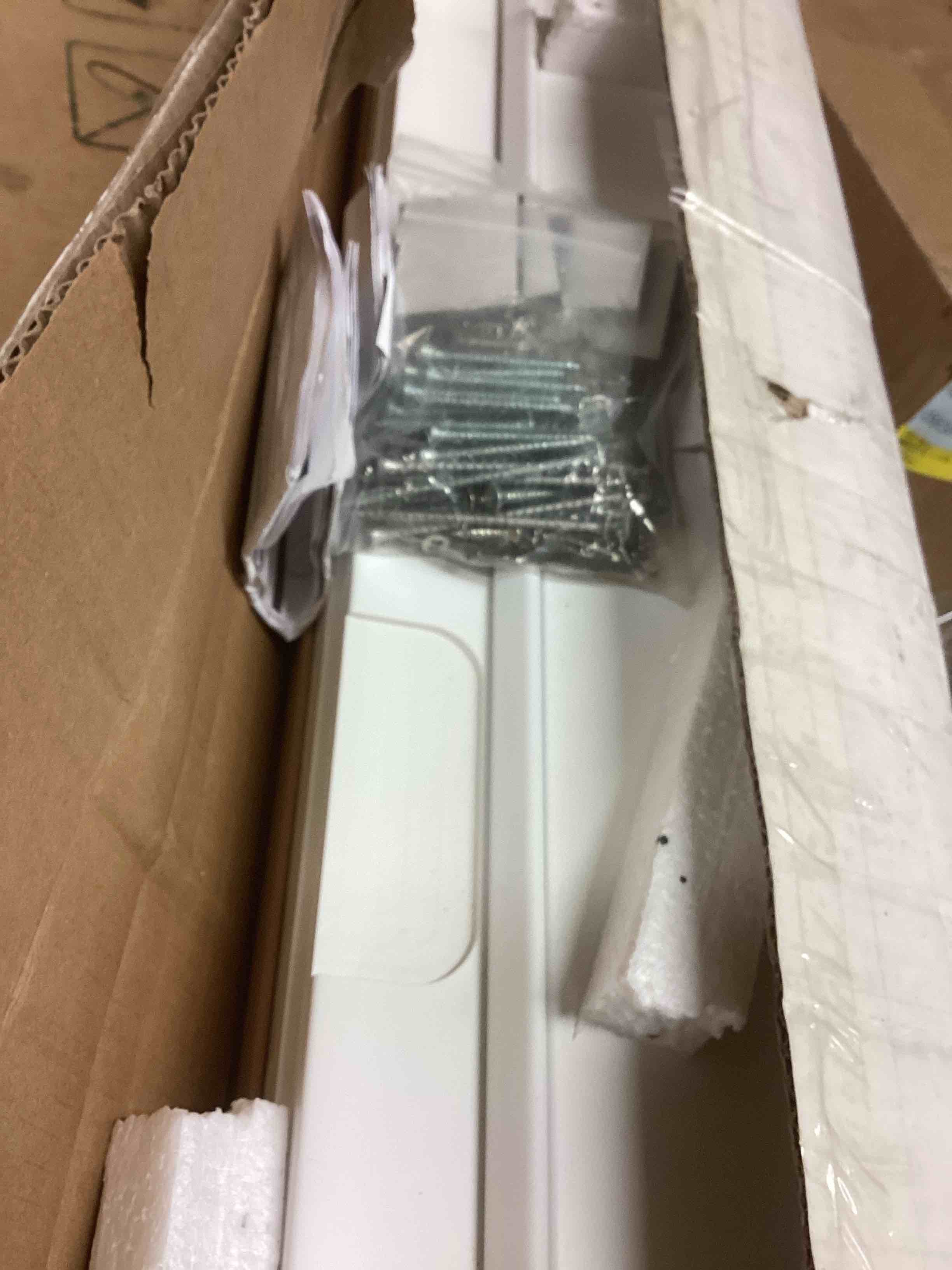 Condition photo showing Good Condition for  36 in. x 80 in. contemporary 4-lite frosted fiberglass entry door (incomplete one box of two only)