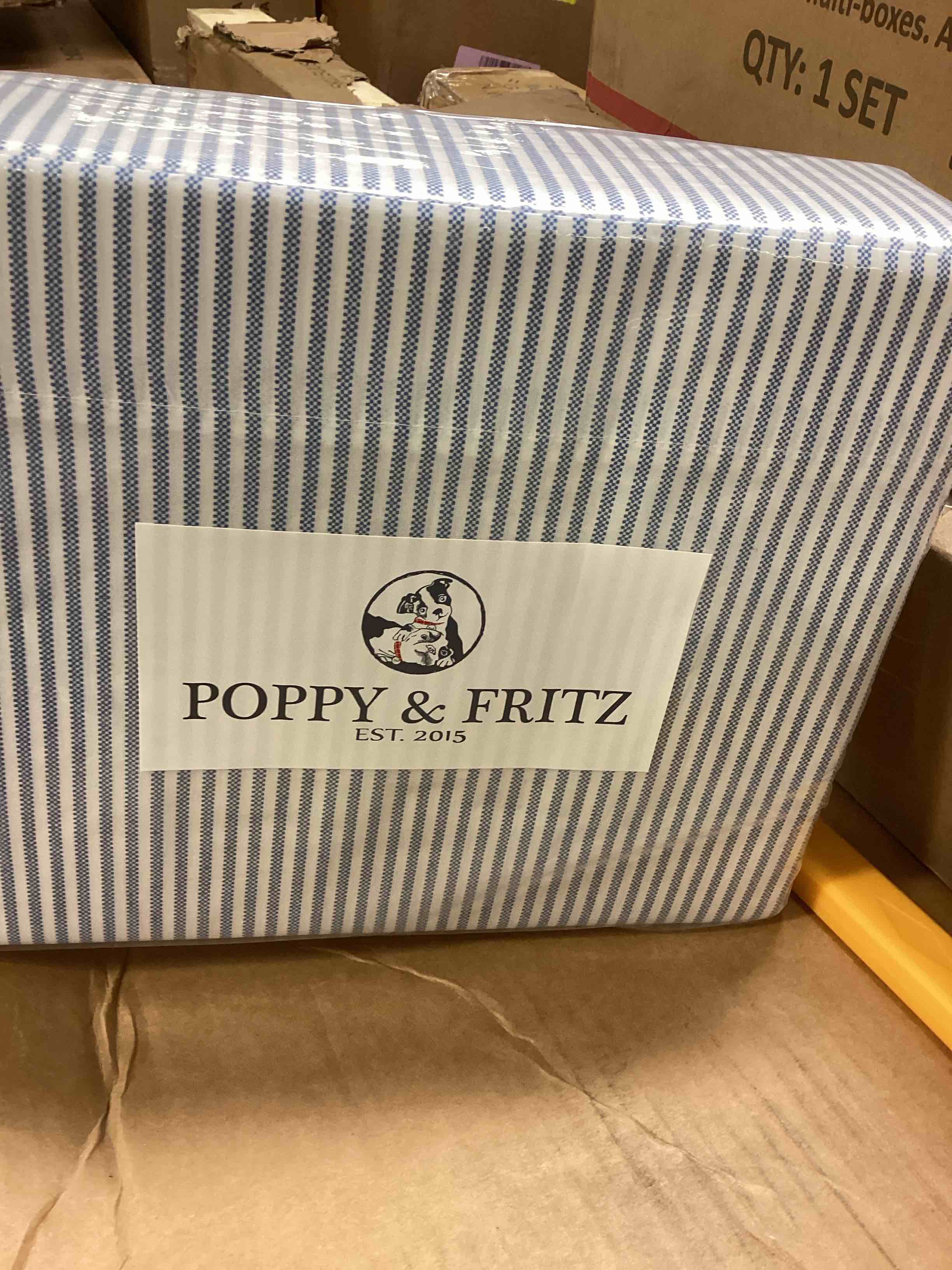 Condition photo showing New/Like New for queen printed pattern percale cotton sheet set blue stripe - poppy & fritz
