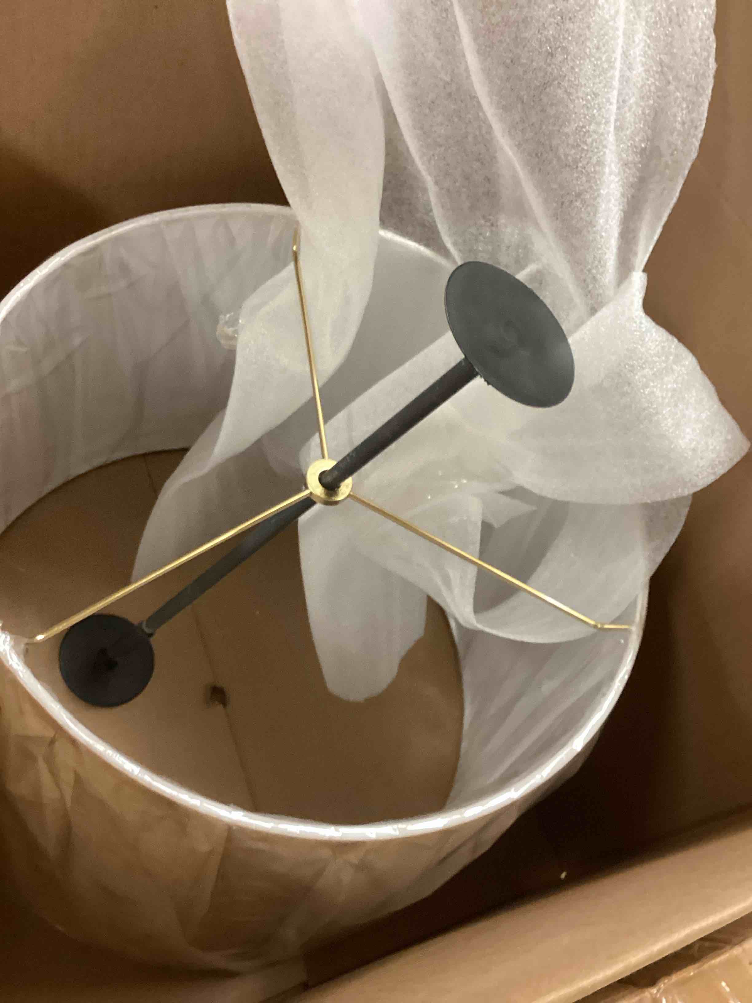 Condition photo showing As Is for cream ceramic table lamps with beige linen shade