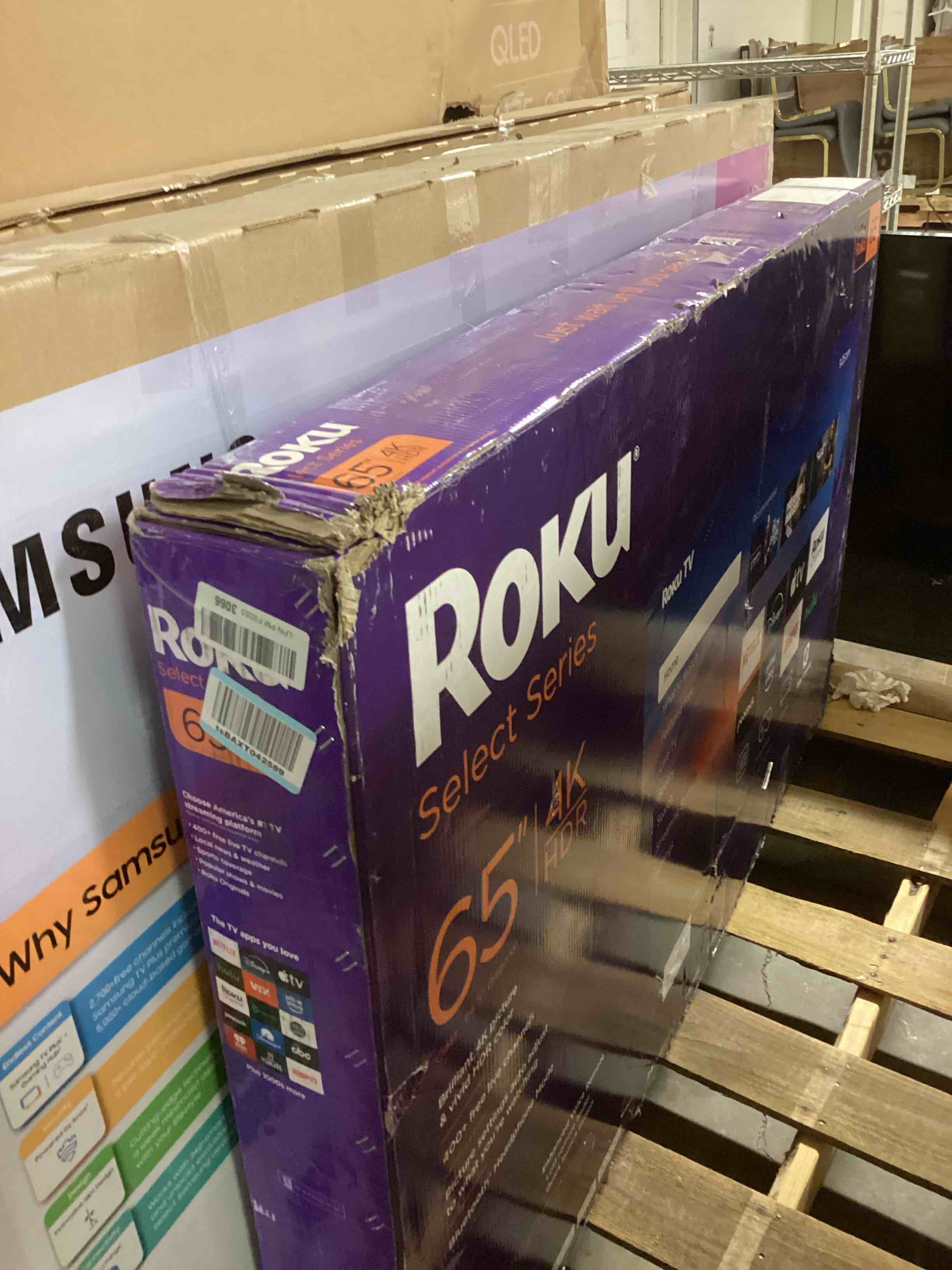 Condition photo showing As Is for roku smart tv 2026 – 65-inch select series, 4k qled tv – roku tv with voice remote – flat screen qled television with wi-fi for streaming live local news, sports, & movies – bluetooth headphone mode