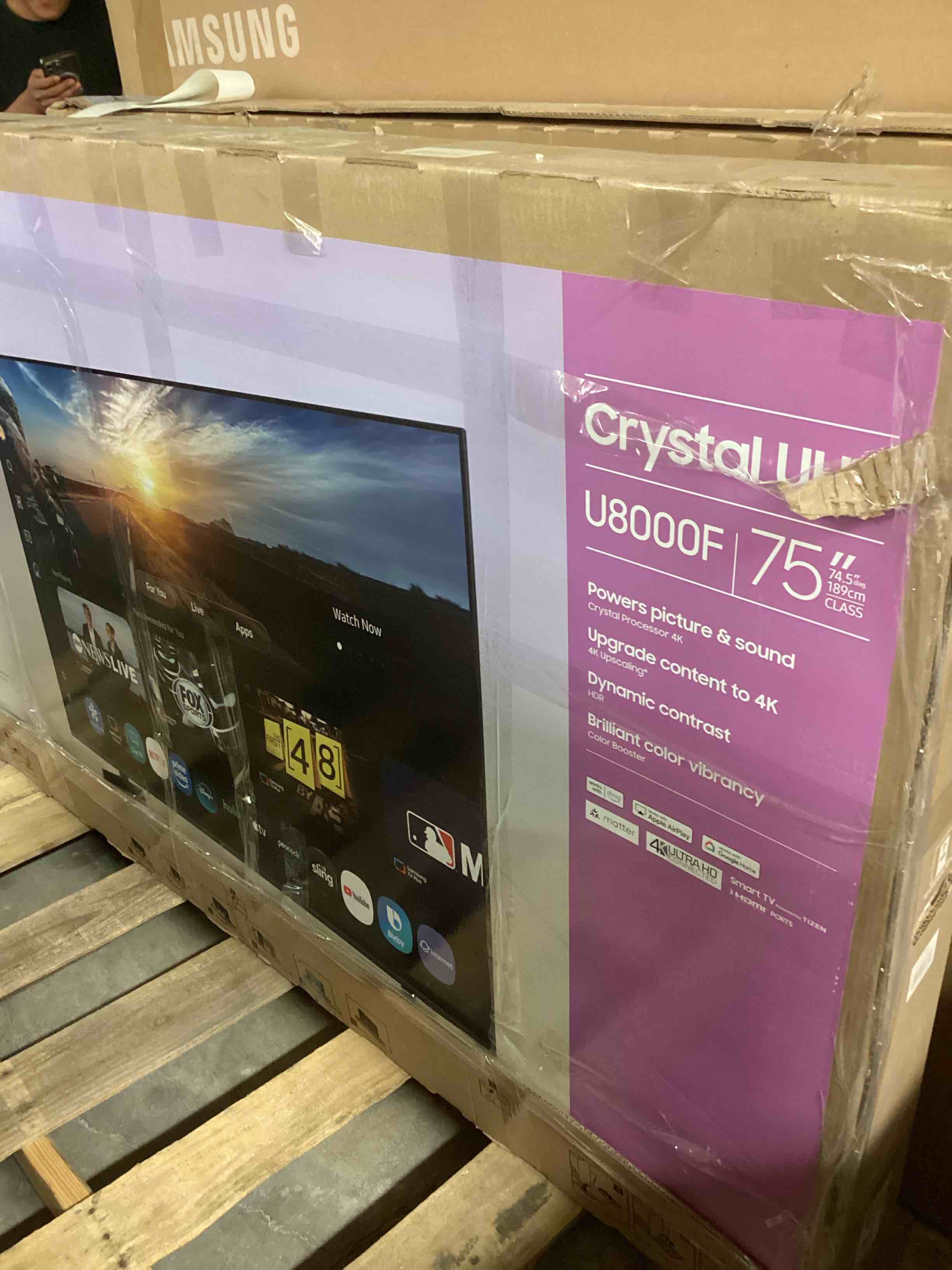 Condition photo showing As Is for samsung 75-inch class crystal uhd u8000f 4k smart tv (2025 model) endless free content, crystal processor 4k, metalstream design, knox security, alexa built-in